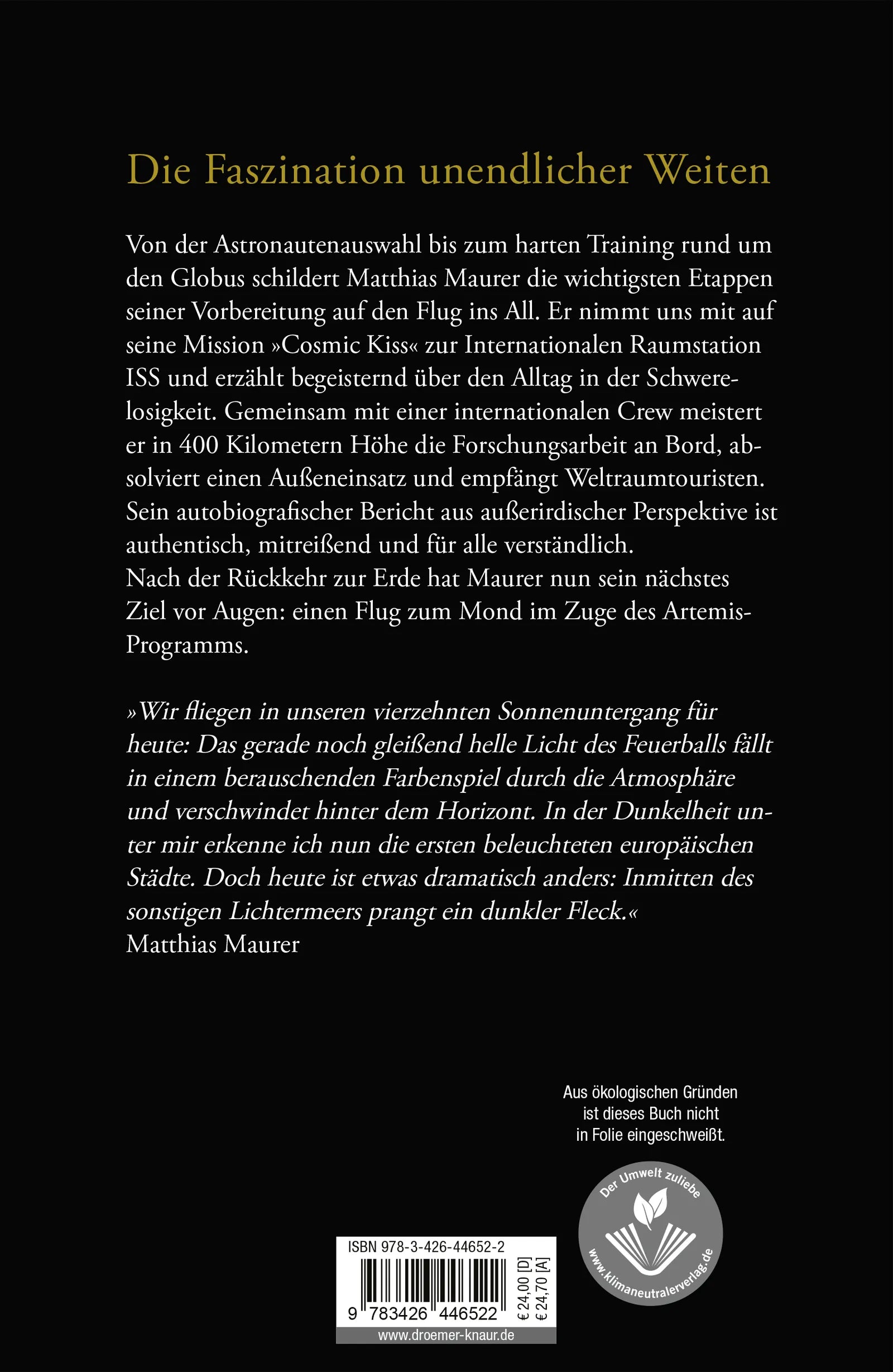 Buchrückseite von 'Cosmic Kiss' mit Klappentext - Gebundene Ausgabe