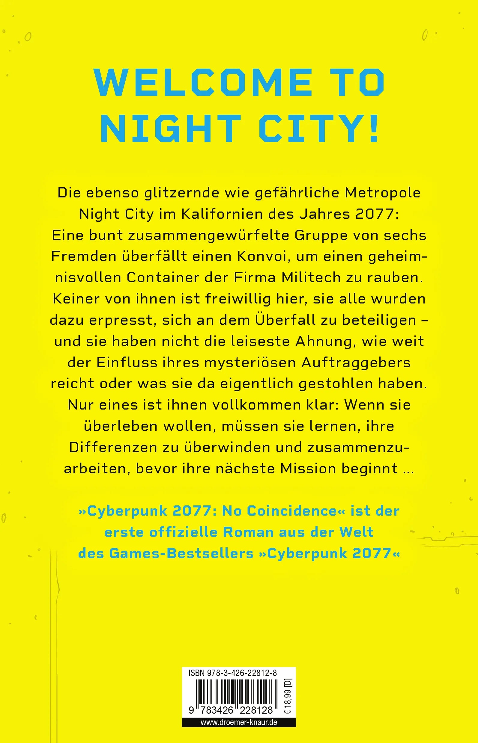 Buchrückseite von 'Cyberpunk 2077: No Coincidence' mit Klappentext - Paperback