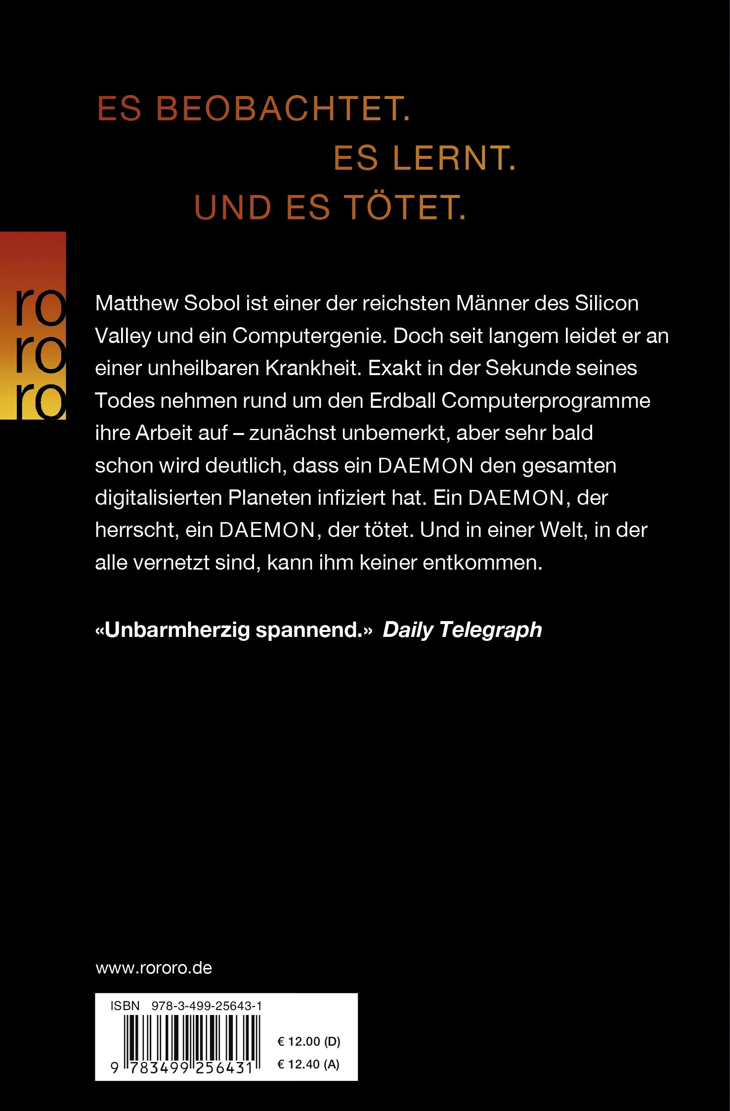 Buchrückseite von 'DAEMON' mit Klappentext - Taschenbuch
