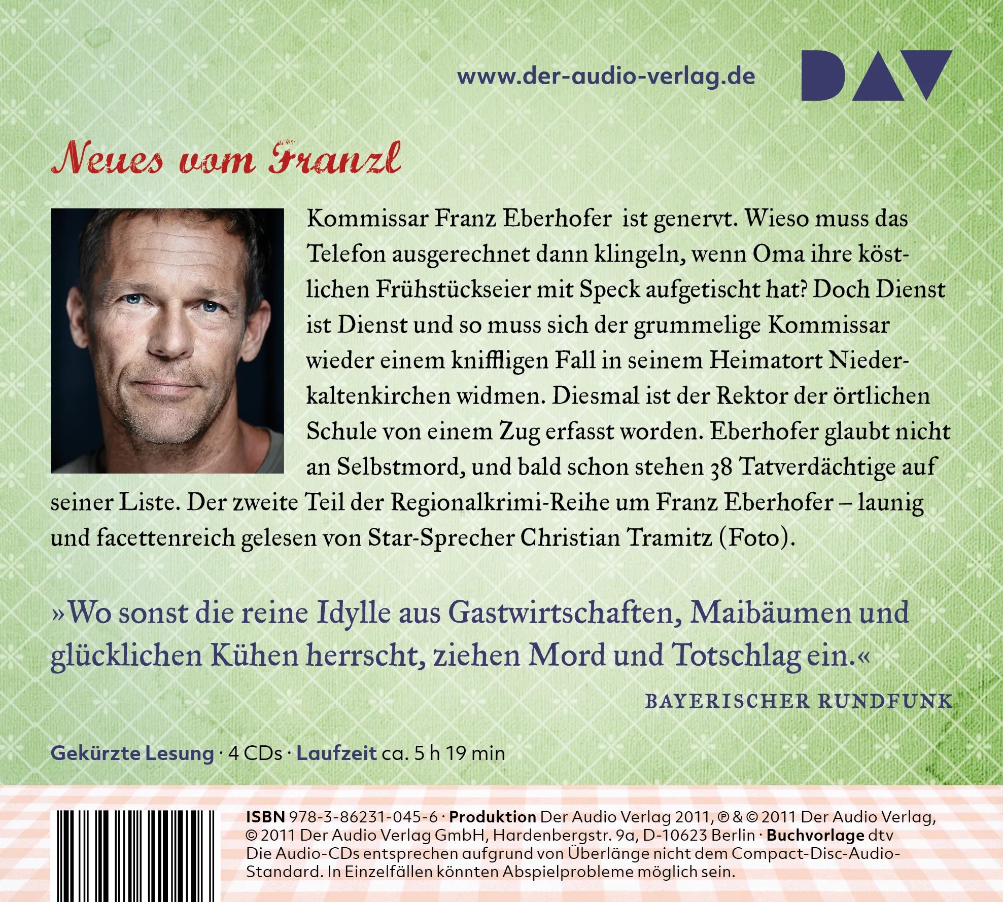 Buchrückseite von 'Dampfnudelblues' mit Klappentext - Hörbuch (CD)