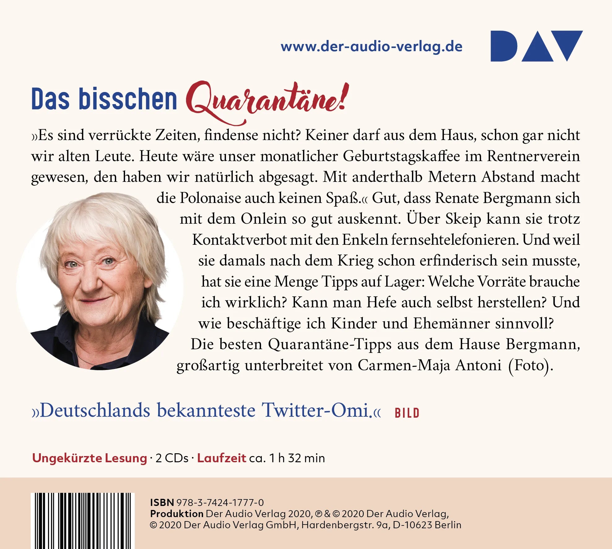 Buchrückseite von 'Dann bleiben wir eben zu Hause! Mit der Online-Omi durch die Krise' mit Klappentext - Hörbuch (CD)