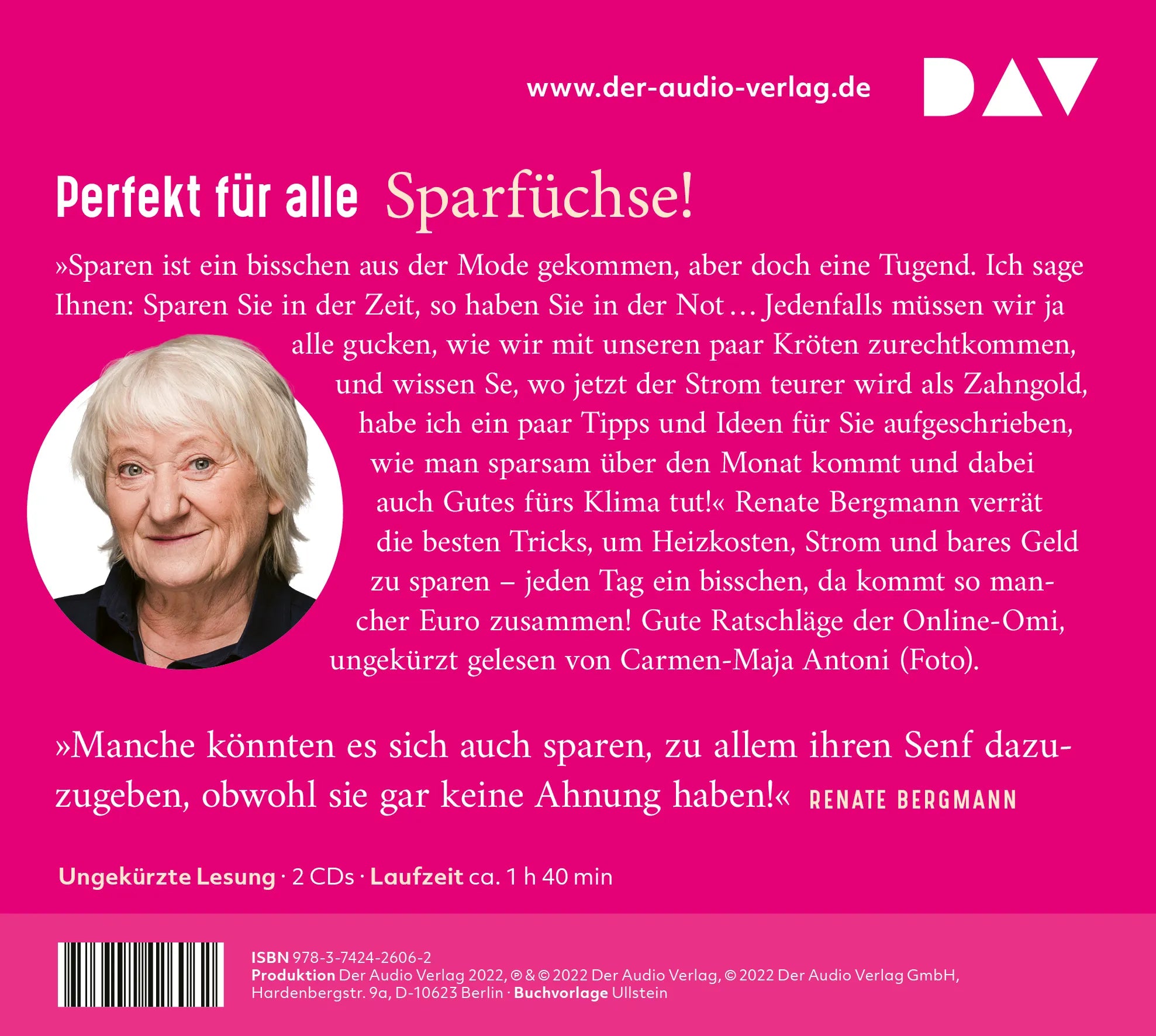 Buchrückseite von 'Dann lassen wir eben die Heizdecke weg! Sparen mit der Online-Omi' mit Klappentext - Hörbuch (CD)