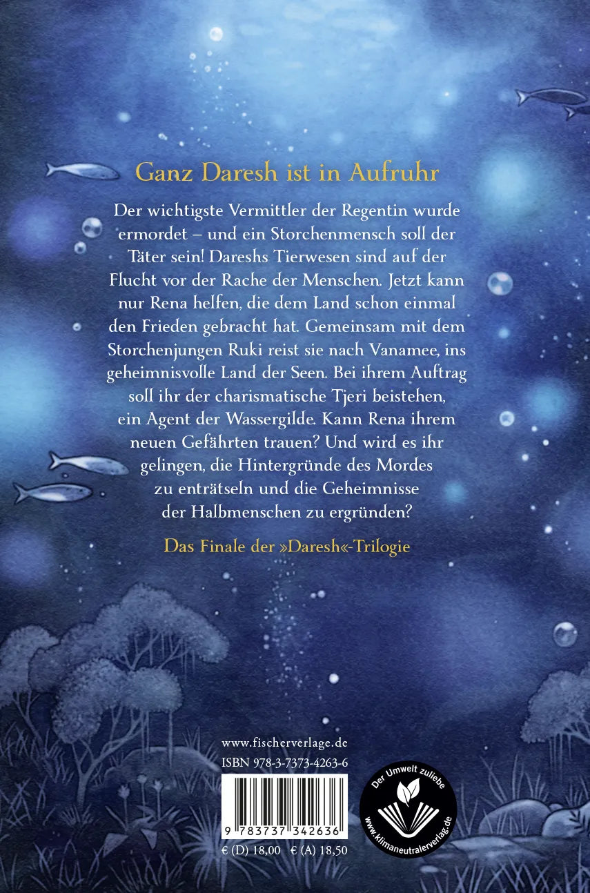Buchrückseite von 'Daresh – Das Land der flüsternden Seen' mit Klappentext - Gebundene Ausgabe
