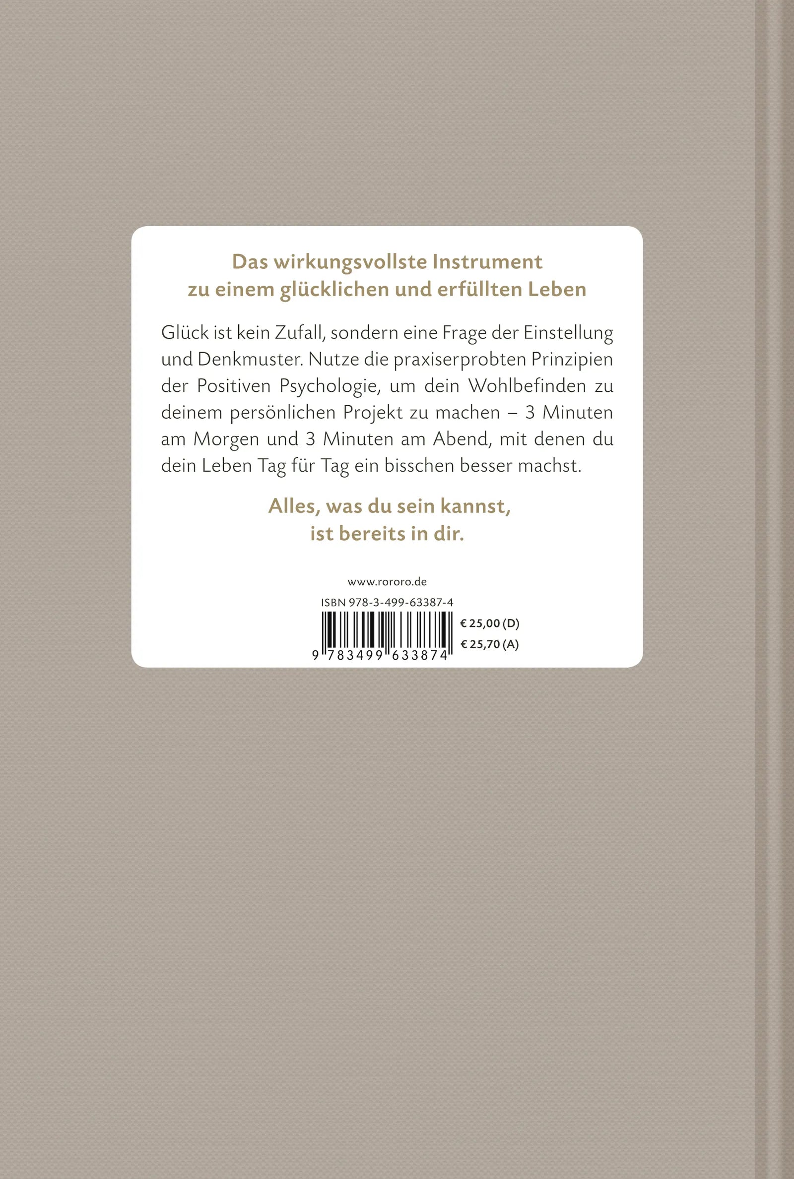 Buchrückseite von 'Das 6-Minuten-Tagebuch' mit Klappentext - Gebundene Ausgabe