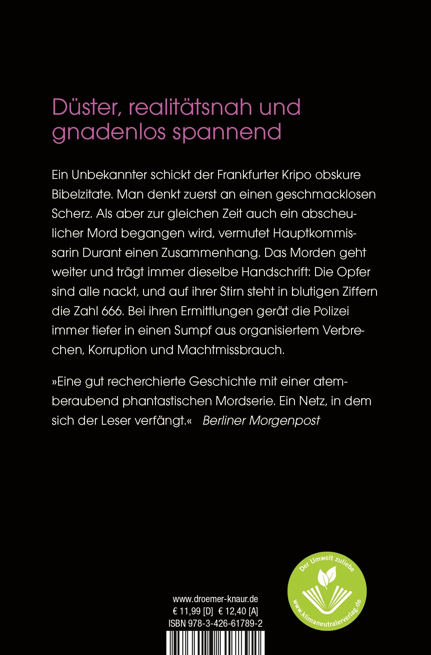 Buchrückseite von 'Das achte Opfer' mit Klappentext - Taschenbuch