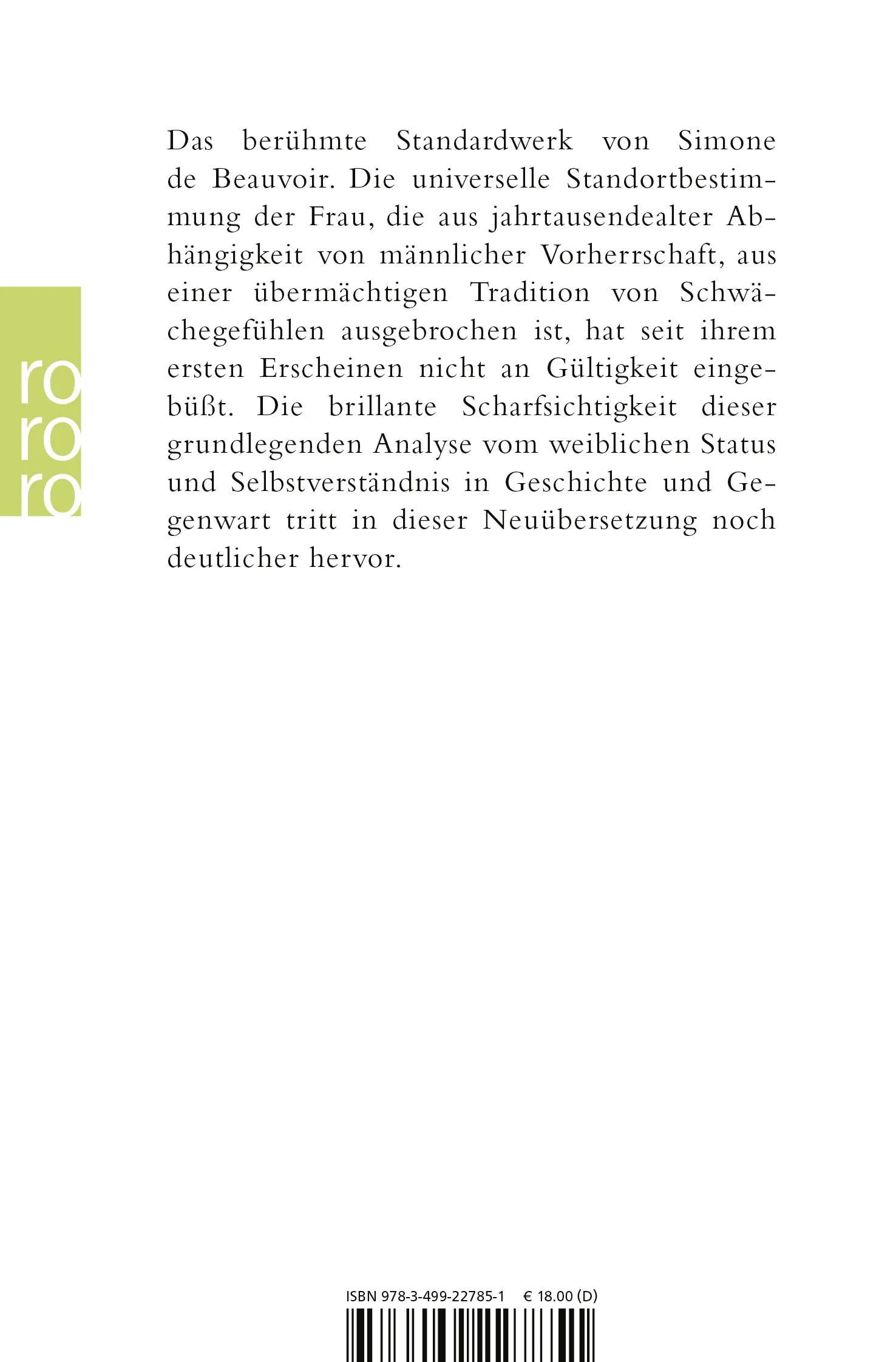 Buchrückseite von 'Das andere Geschlecht' mit Klappentext - Taschenbuch