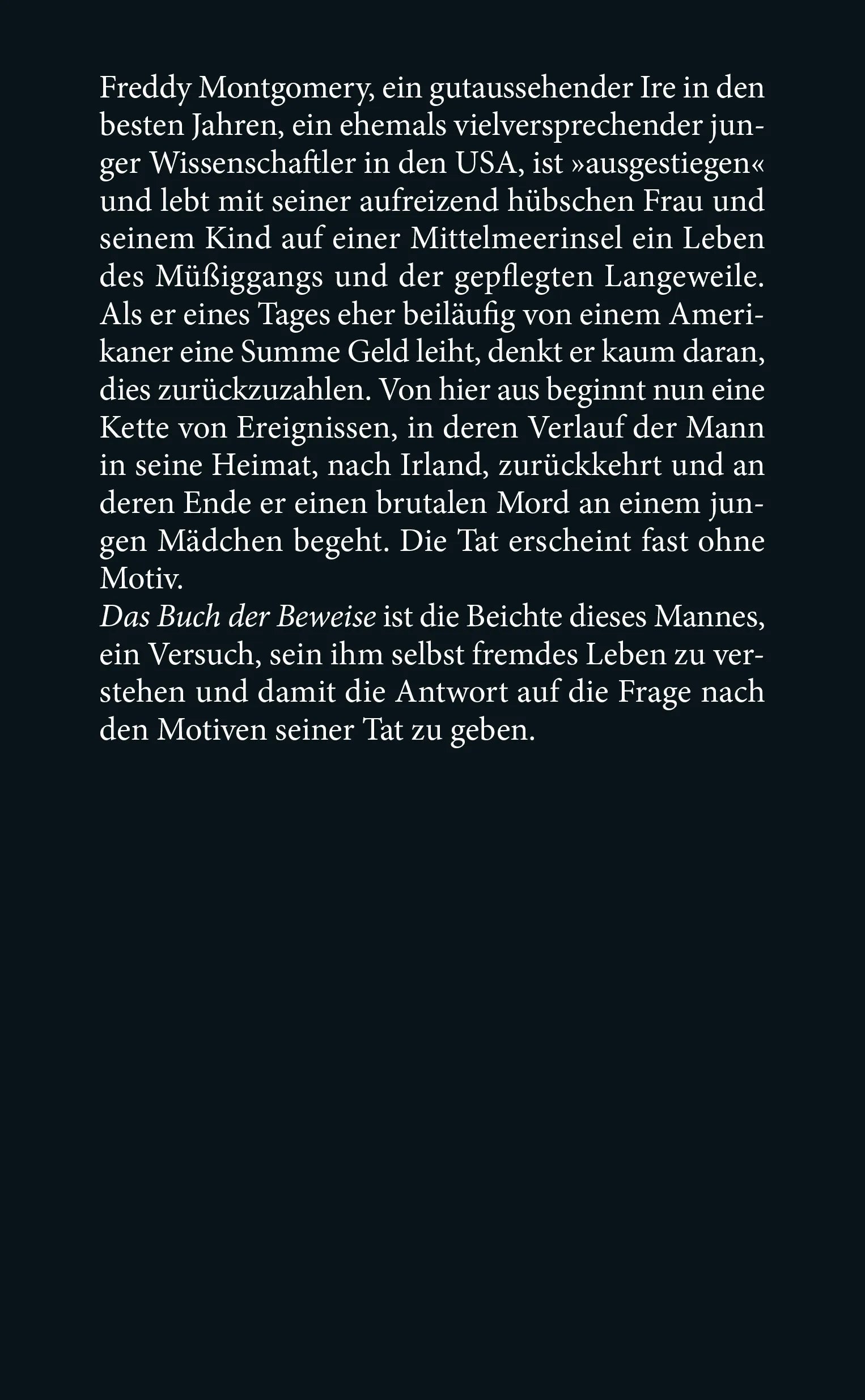 Buchrückseite von 'Das Buch der Beweise' mit Klappentext - Gebundene Ausgabe