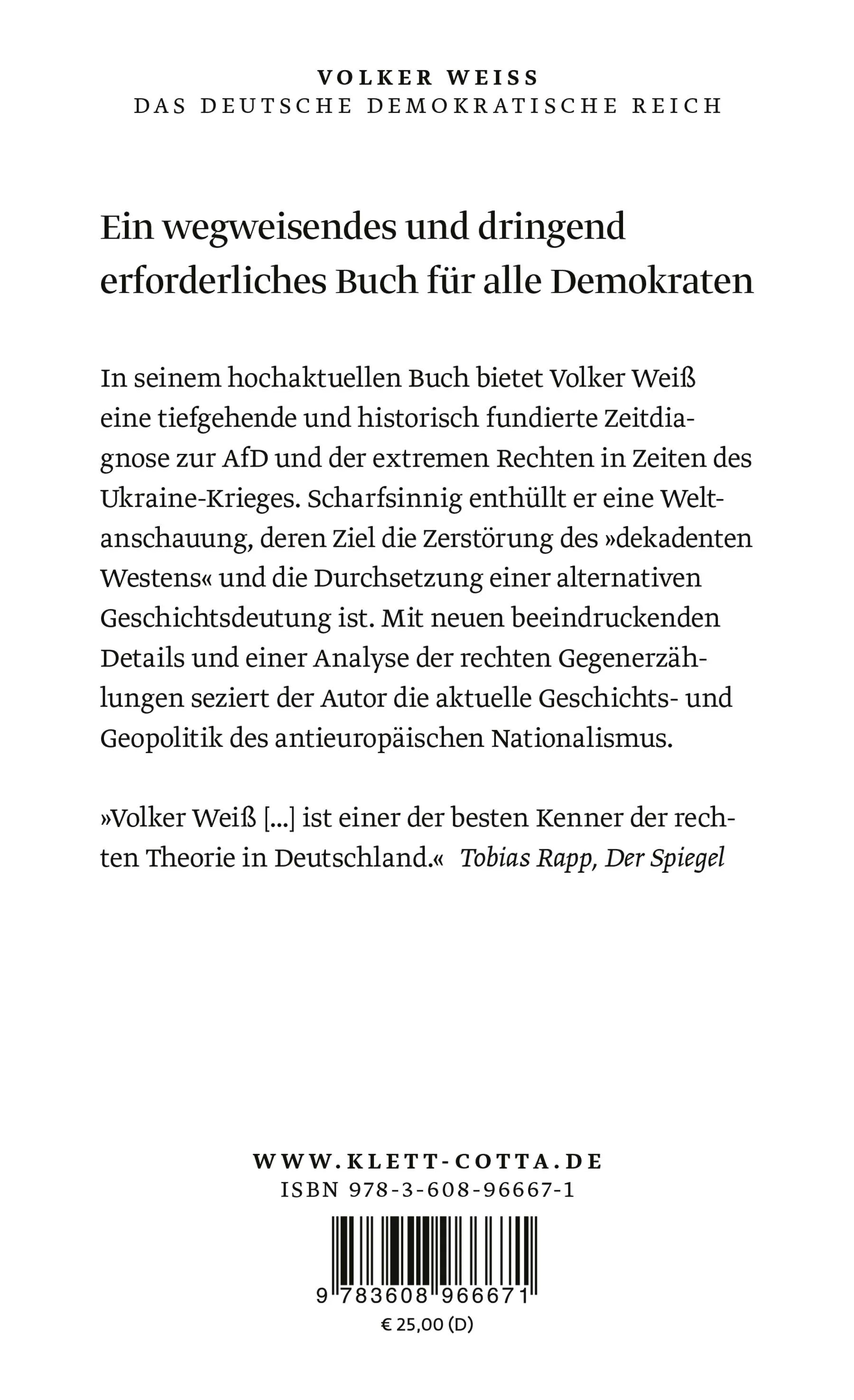 Buchrückseite von 'Das Deutsche Demokratische Reich' mit Klappentext - Gebundene Ausgabe