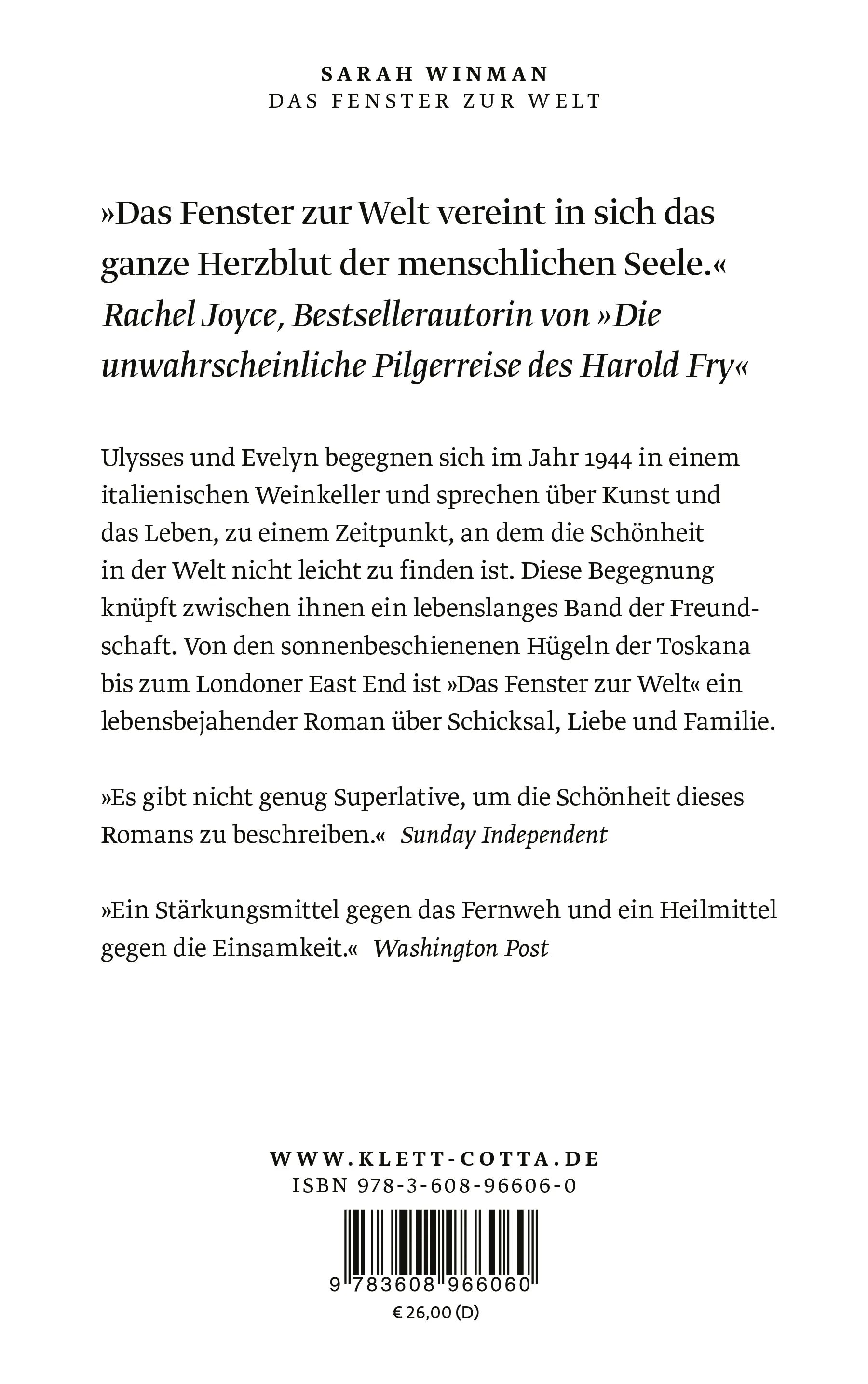Buchrückseite von 'Das Fenster zur Welt' mit Klappentext - Gebundene Ausgabe