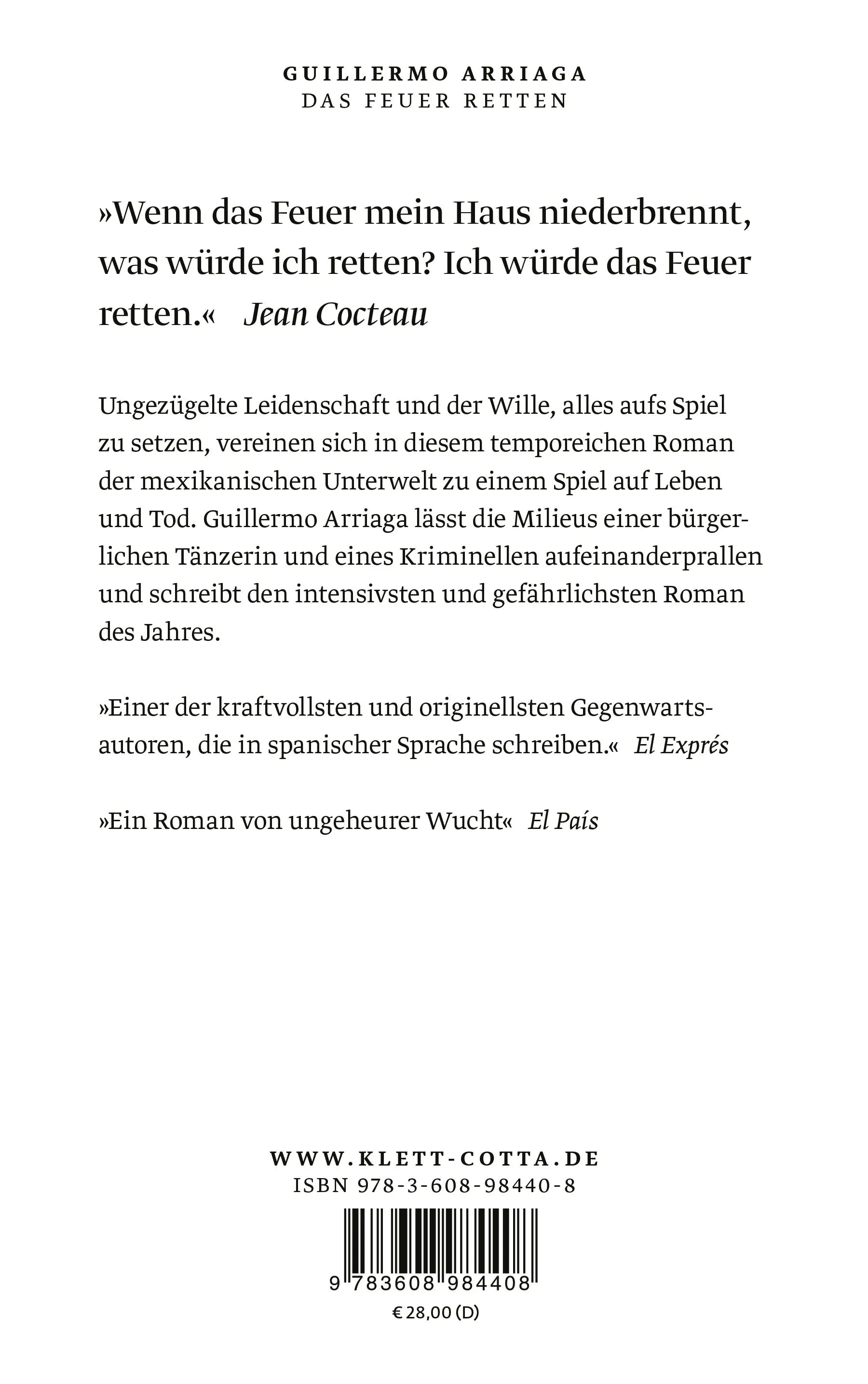 Buchrückseite von 'Das Feuer retten' mit Klappentext - Gebundene Ausgabe