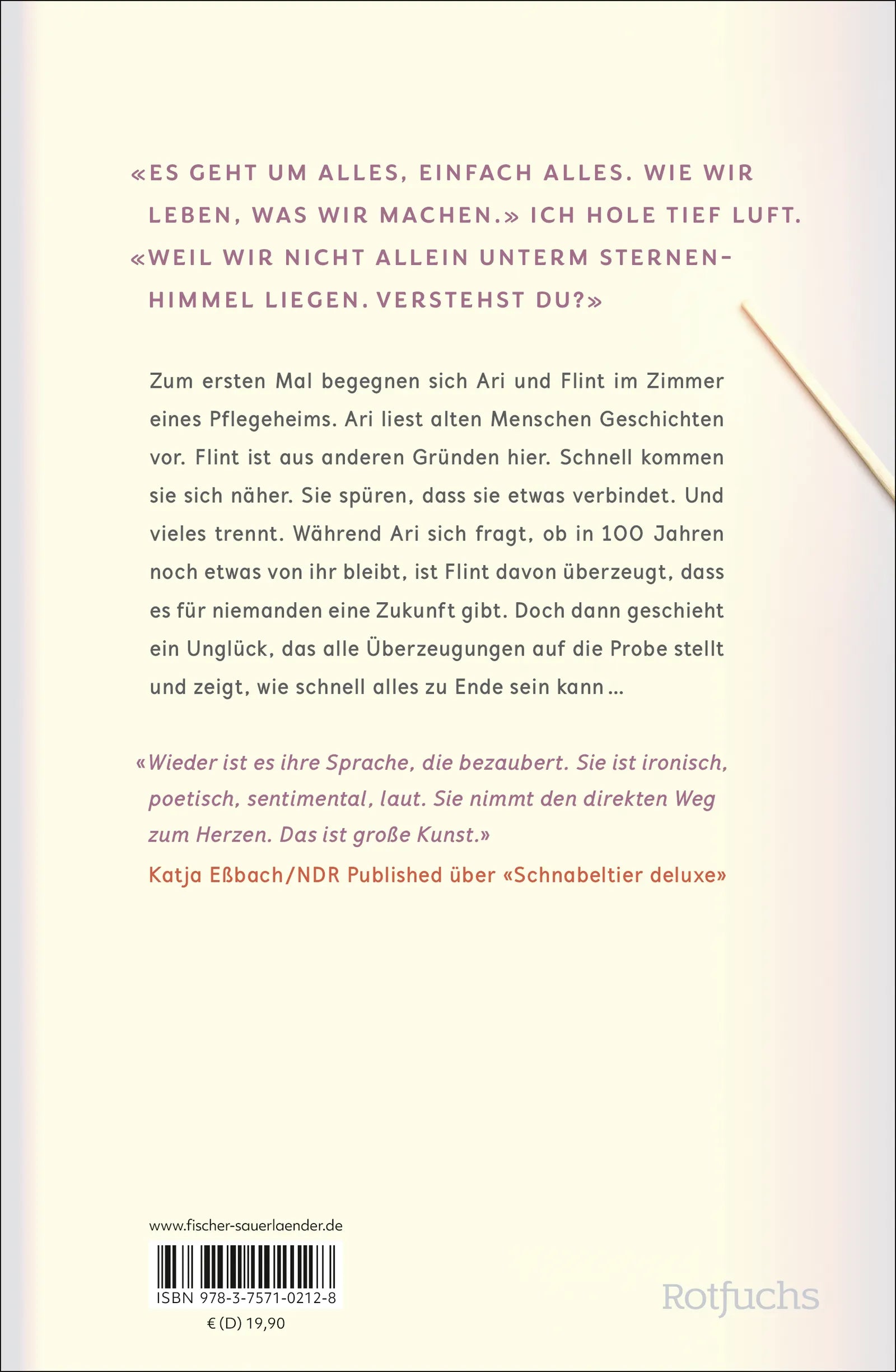 Buchrückseite von 'Das Feuer vergessen wir nicht' mit Klappentext - Gebundene Ausgabe