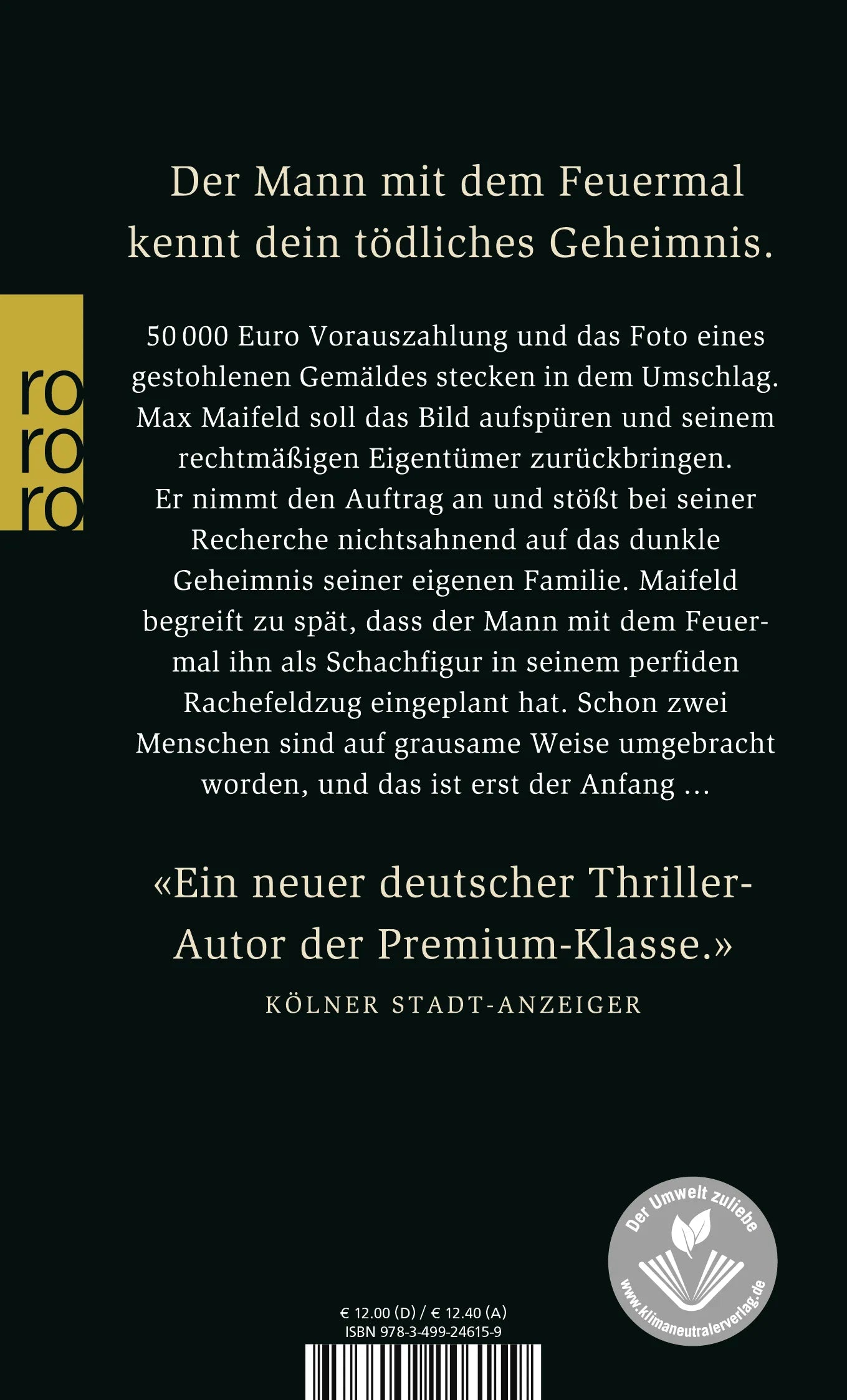 Buchrückseite von 'Das Feuermal' mit Klappentext - Taschenbuch