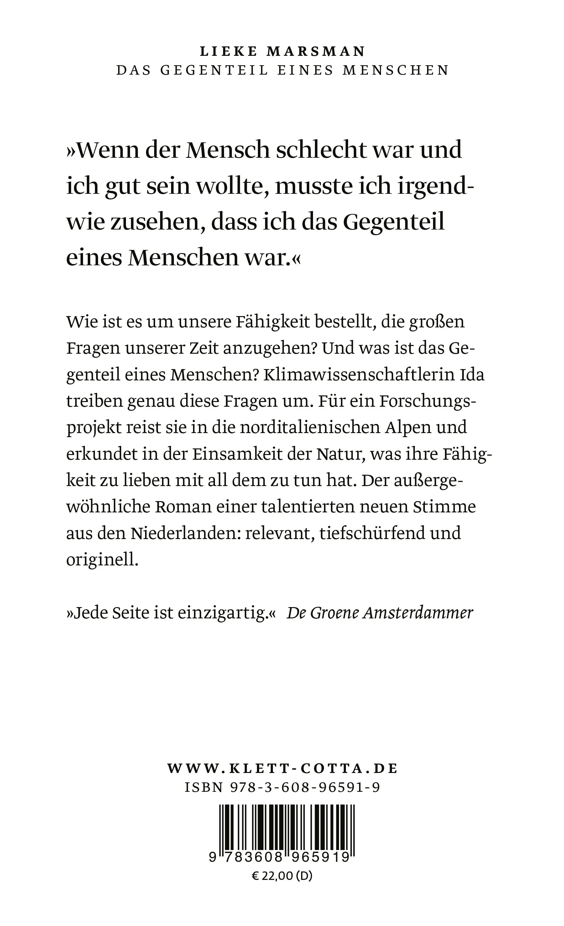 Buchrückseite von 'Das Gegenteil eines Menschen' mit Klappentext - Gebundene Ausgabe