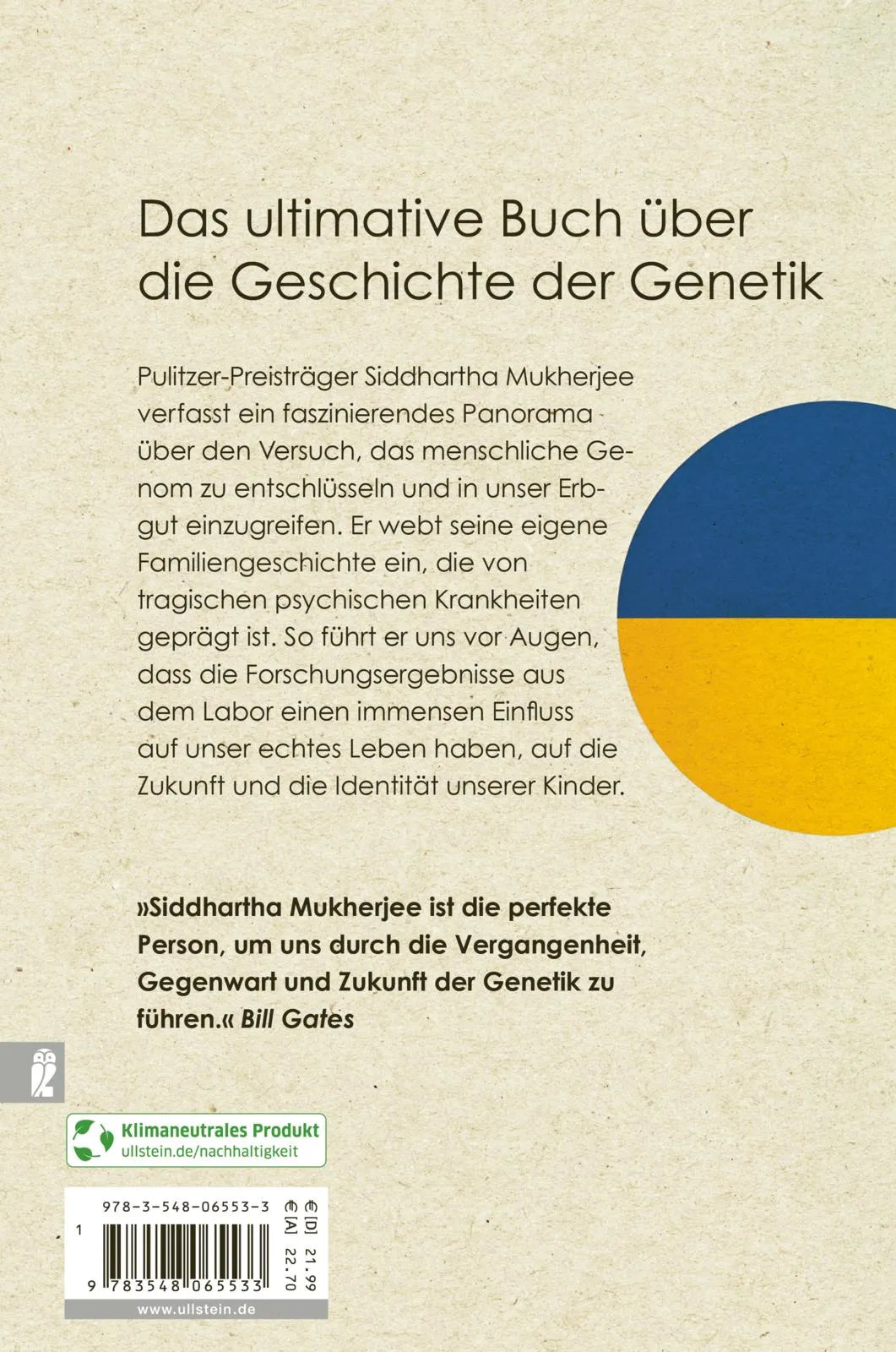 Buchrückseite von 'Das Gen' mit Klappentext - Taschenbuch