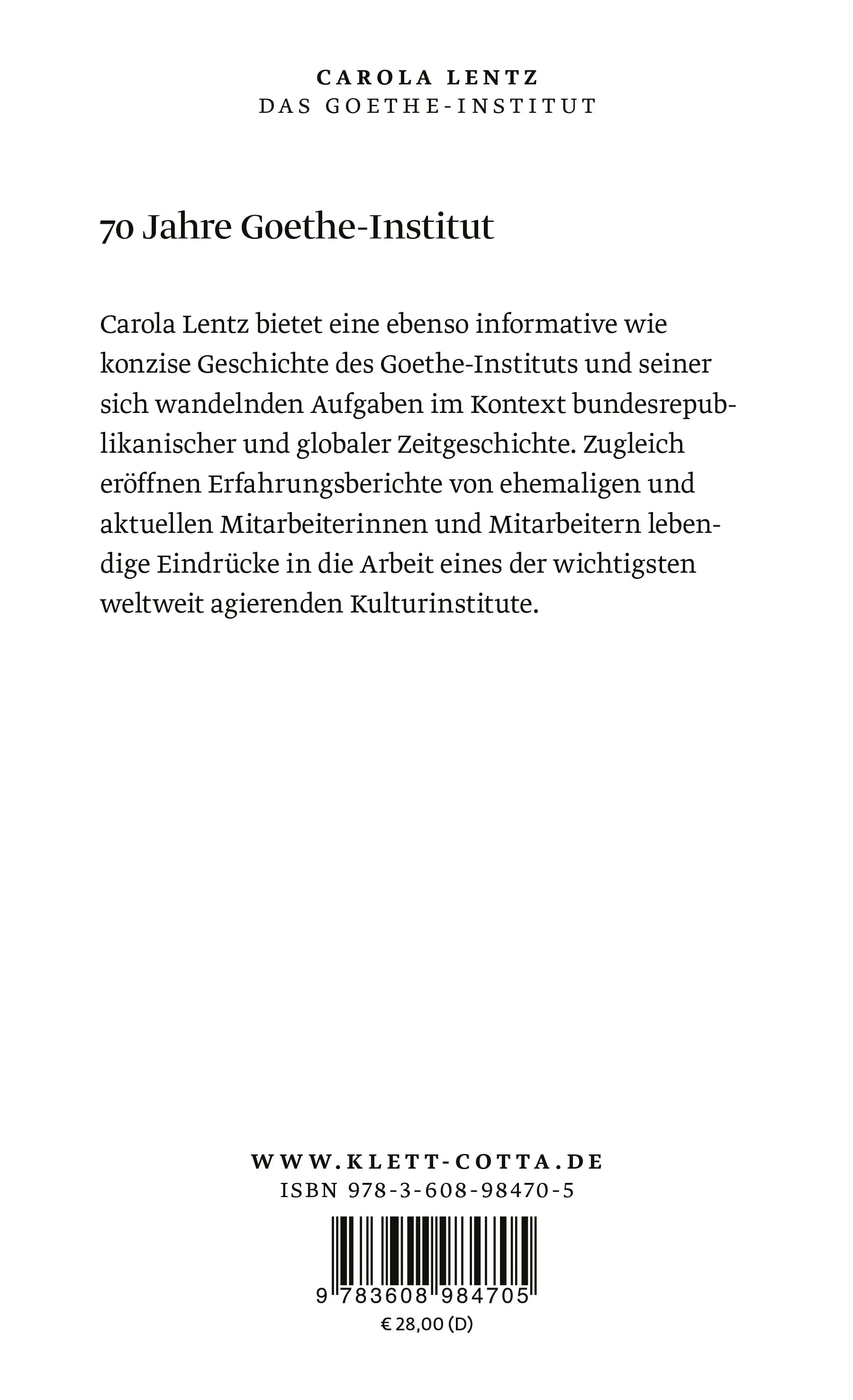 Buchrückseite von 'Das Goethe-Institut' mit Klappentext - Gebundene Ausgabe