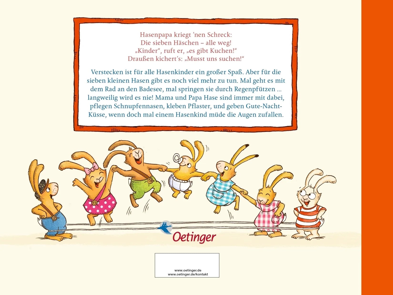 Buchrückseite von 'Das große Buch von den sieben kleinen Hasen' mit Klappentext - Gebundene Ausgabe