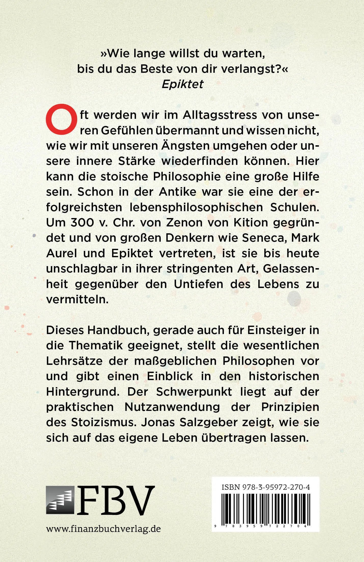 Buchrückseite von 'Das kleine Handbuch des Stoizismus' mit Klappentext - Taschenbuch