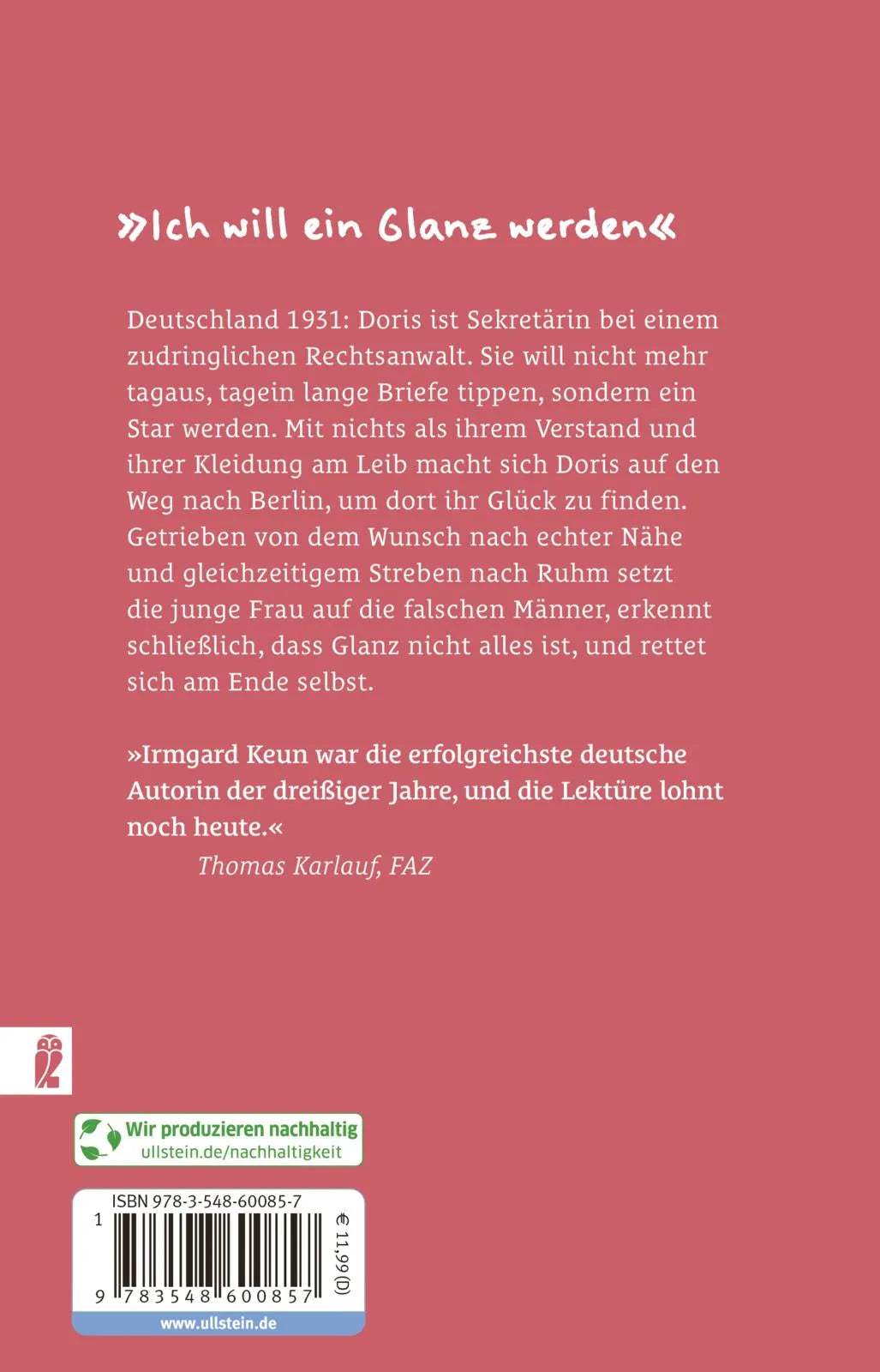 Buchrückseite von 'Das kunstseidene Mädchen' mit Klappentext - Taschenbuch