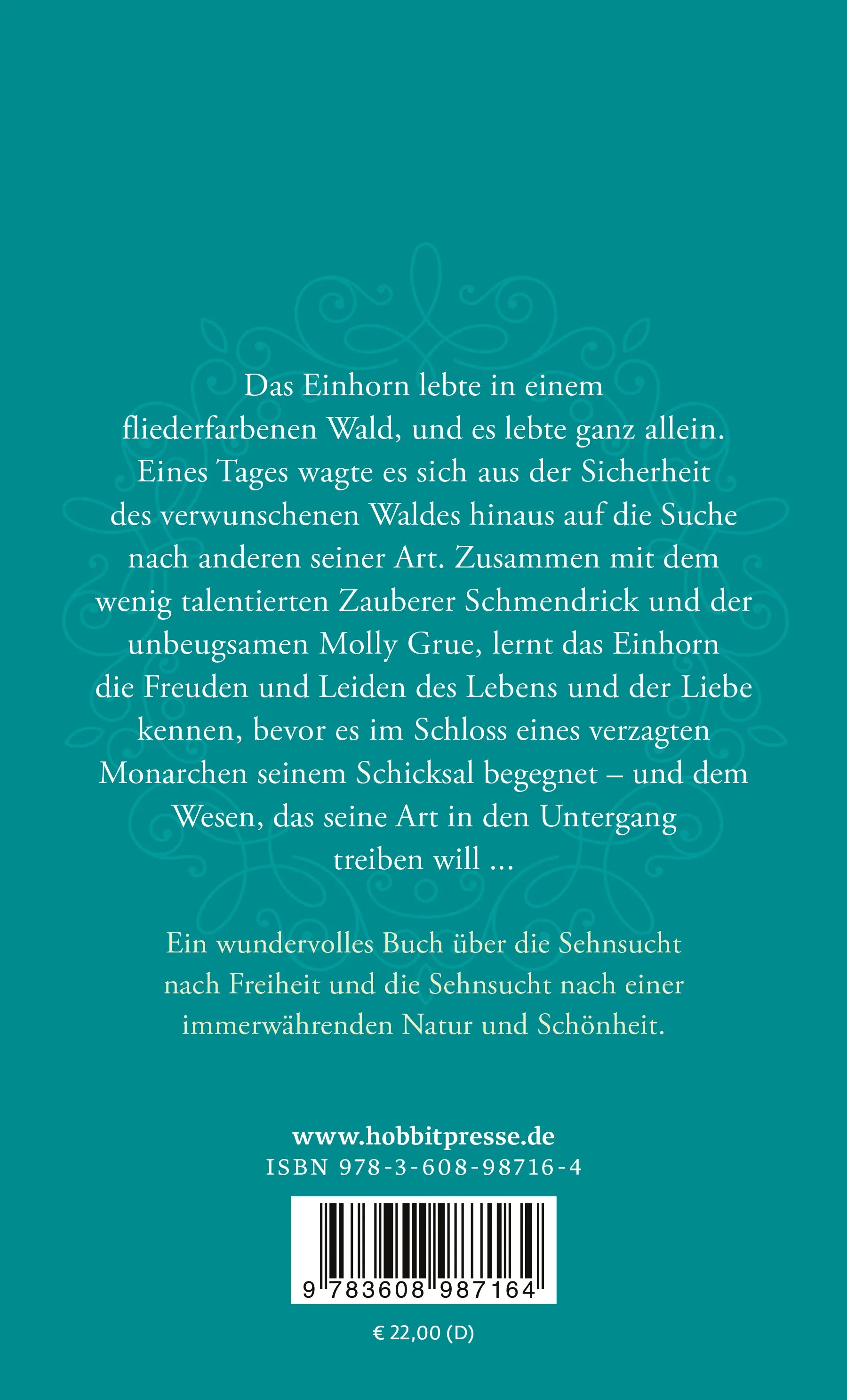 Buchrückseite von 'Das letzte Einhorn' mit Klappentext - Gebundene Ausgabe