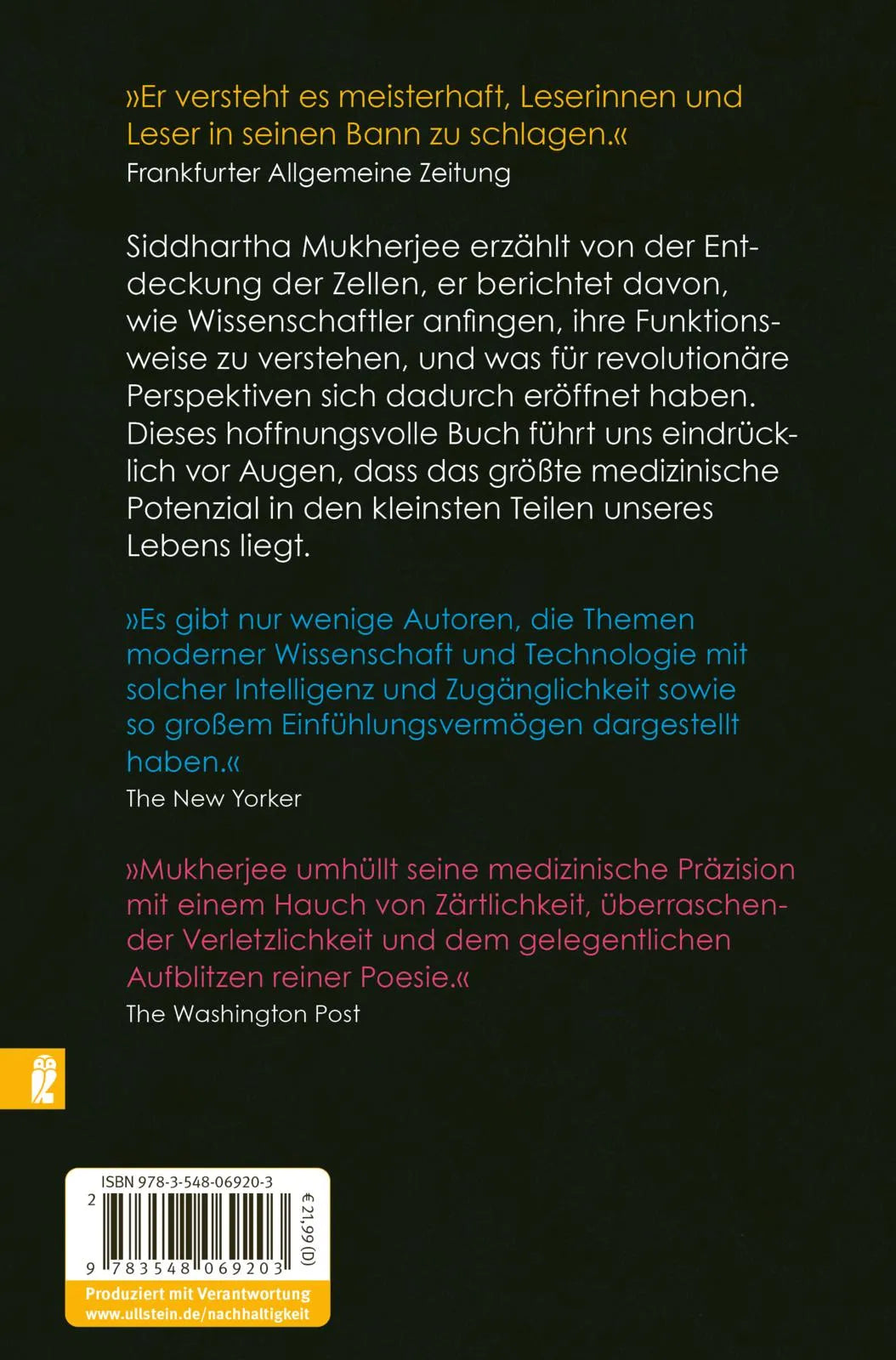 Buchrückseite von 'Das Lied der Zelle' mit Klappentext - Paperback