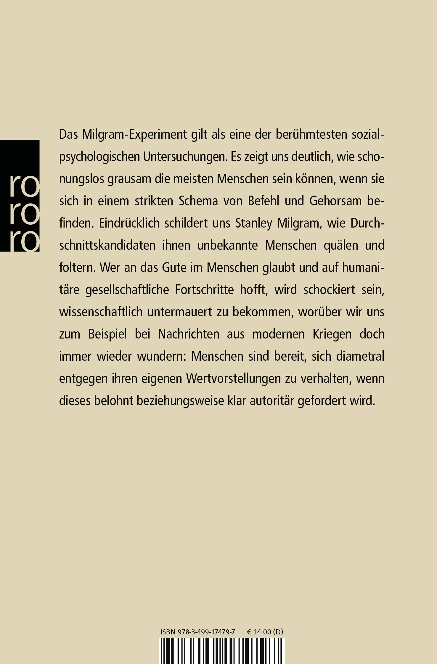 Buchrückseite von 'Das Milgram-Experiment' mit Klappentext - Taschenbuch