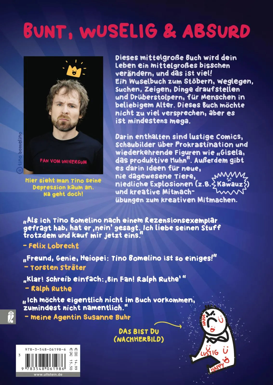 Buchrückseite von 'Das mittelgroße Aufmunterungsbuch' mit Klappentext - Taschenbuch