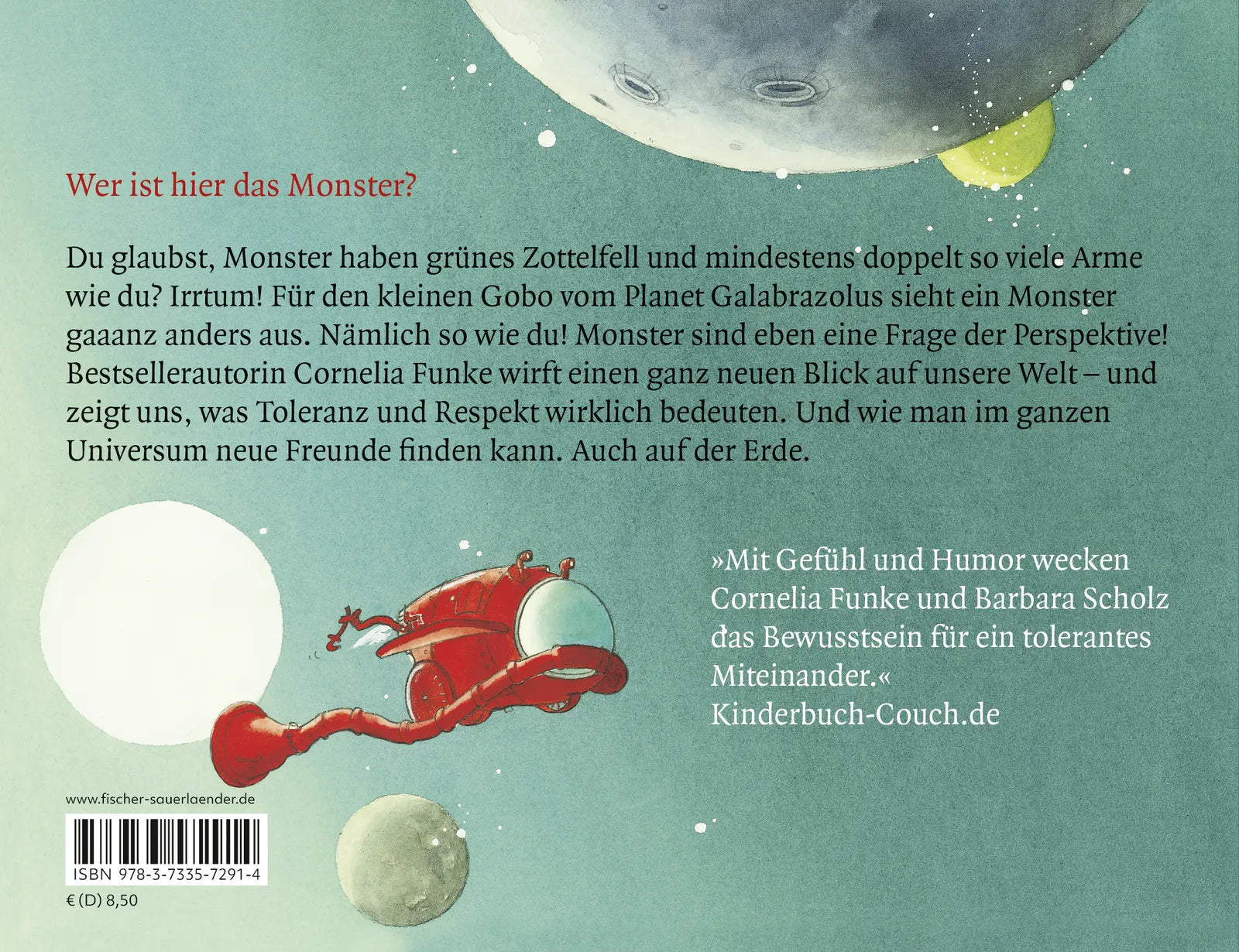 Buchrückseite von 'Das Monster vom blauen Planeten' mit Klappentext - Taschenbuch