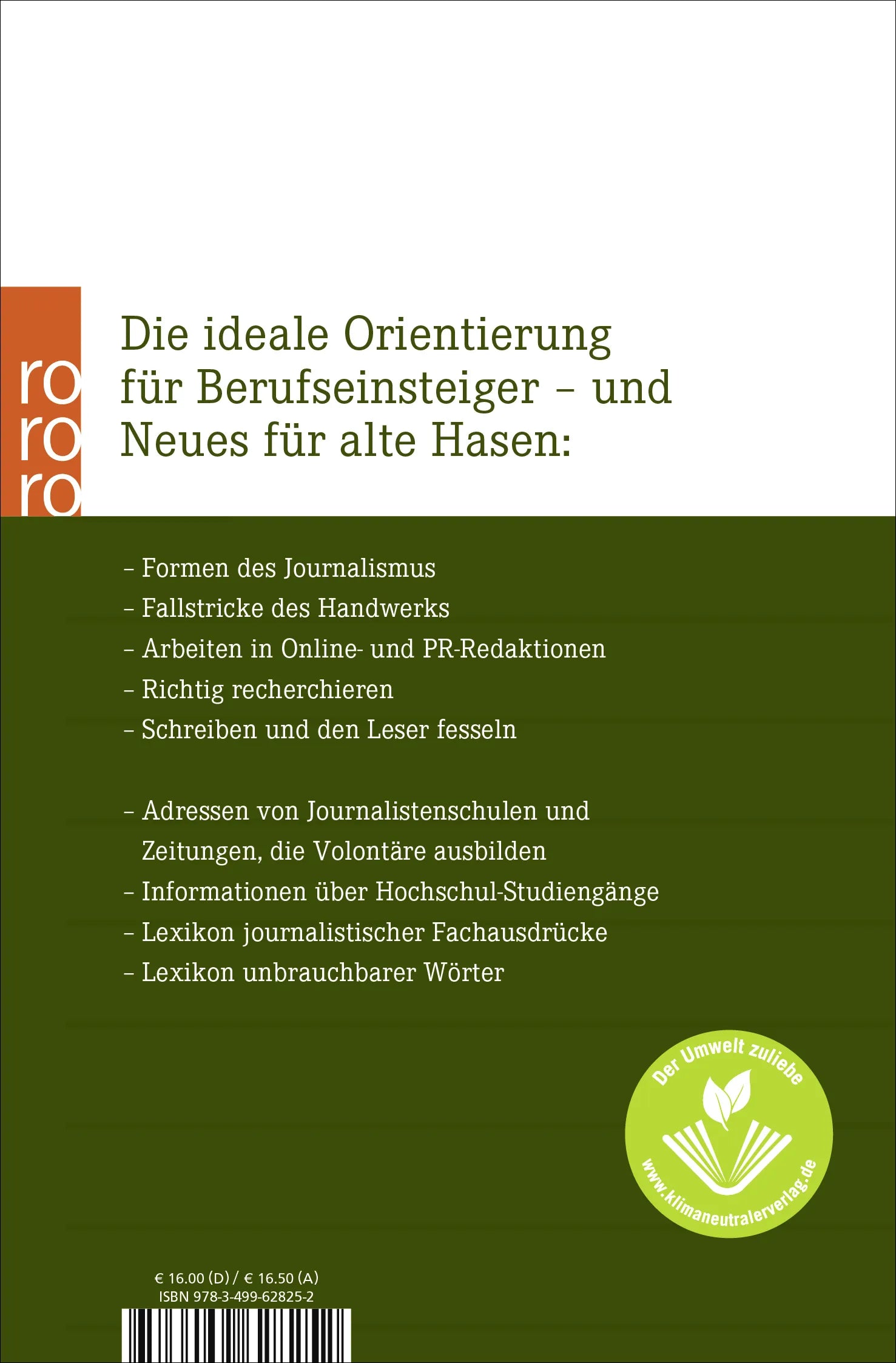 Buchrückseite von 'Das neue Handbuch des Journalismus und des Online-Journalismus' mit Klappentext - Taschenbuch