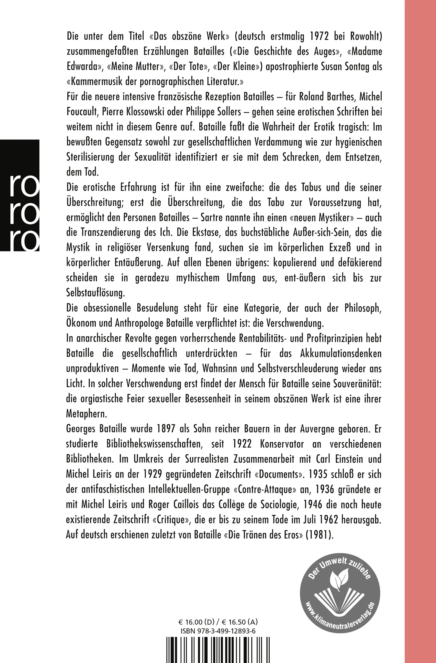 Buchrückseite von 'Das obszöne Werk' mit Klappentext - Taschenbuch