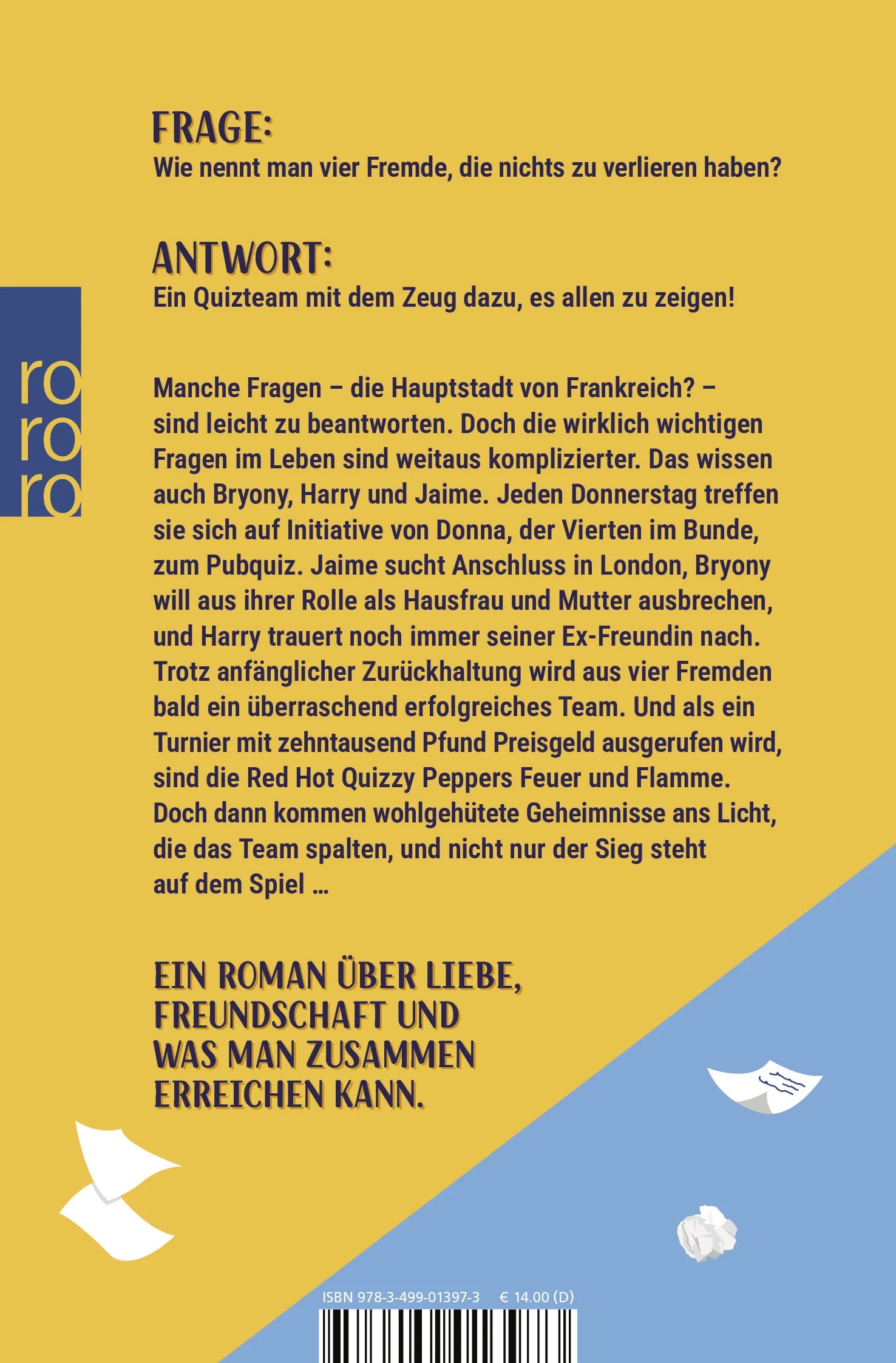 Buchrückseite von 'Das Pubquiz für einsame Herzen' mit Klappentext - Taschenbuch