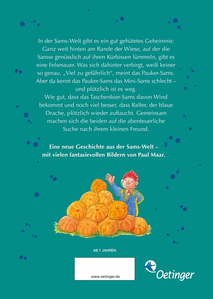 Buchrückseite von 'Das Sams 12. Das Mini-Sams ist weg' mit Klappentext - Gebundene Ausgabe