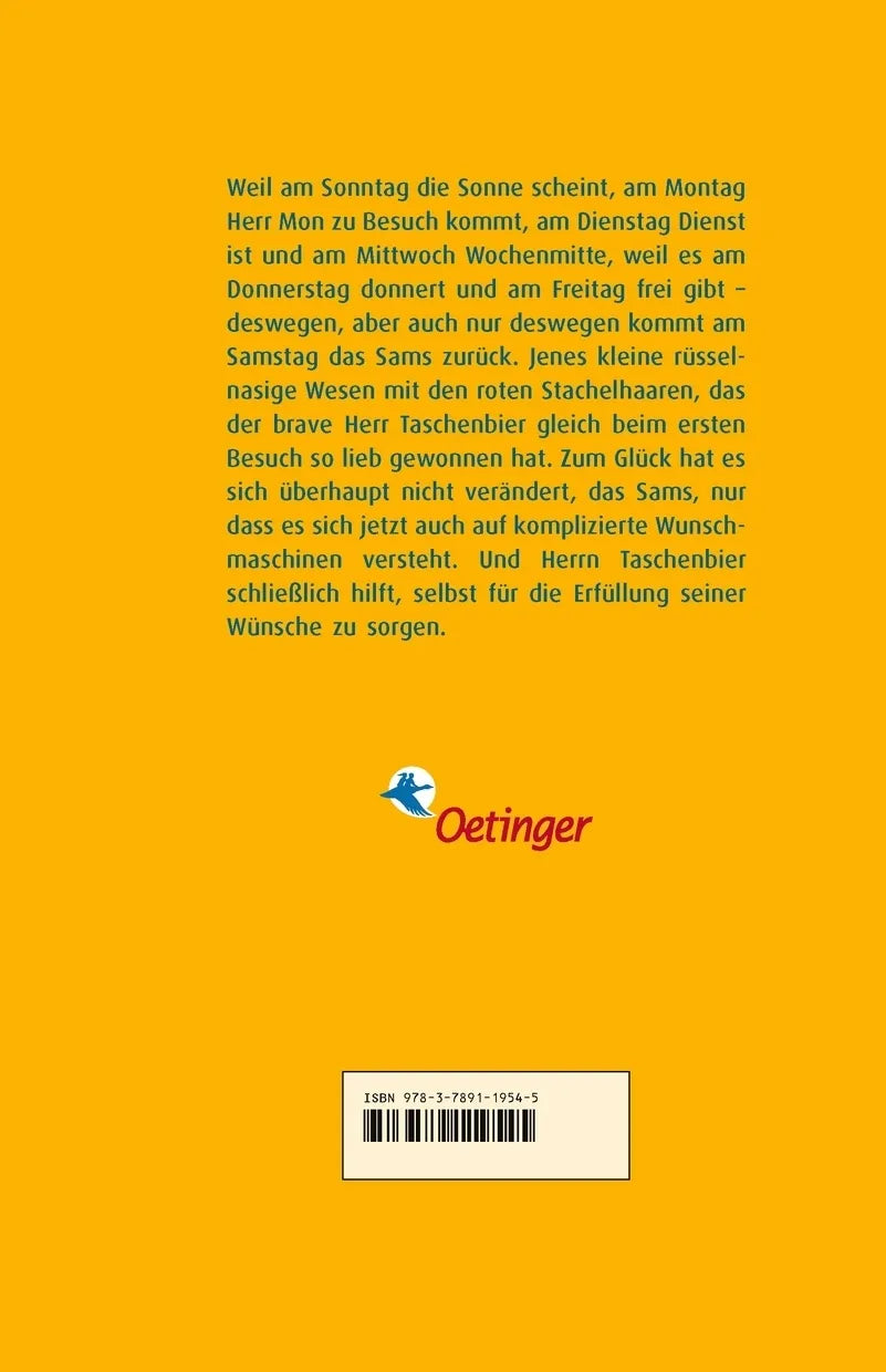 Buchrückseite von 'Das Sams 2. Am Samstag kam das Sams zurück' mit Klappentext - Gebundene Ausgabe