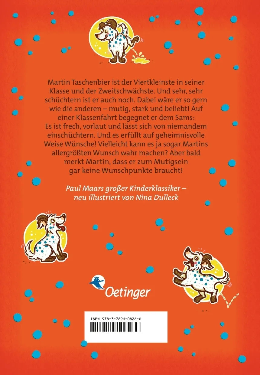 Buchrückseite von 'Das Sams 4. Ein Sams für Martin Taschenbier' mit Klappentext - Gebundene Ausgabe