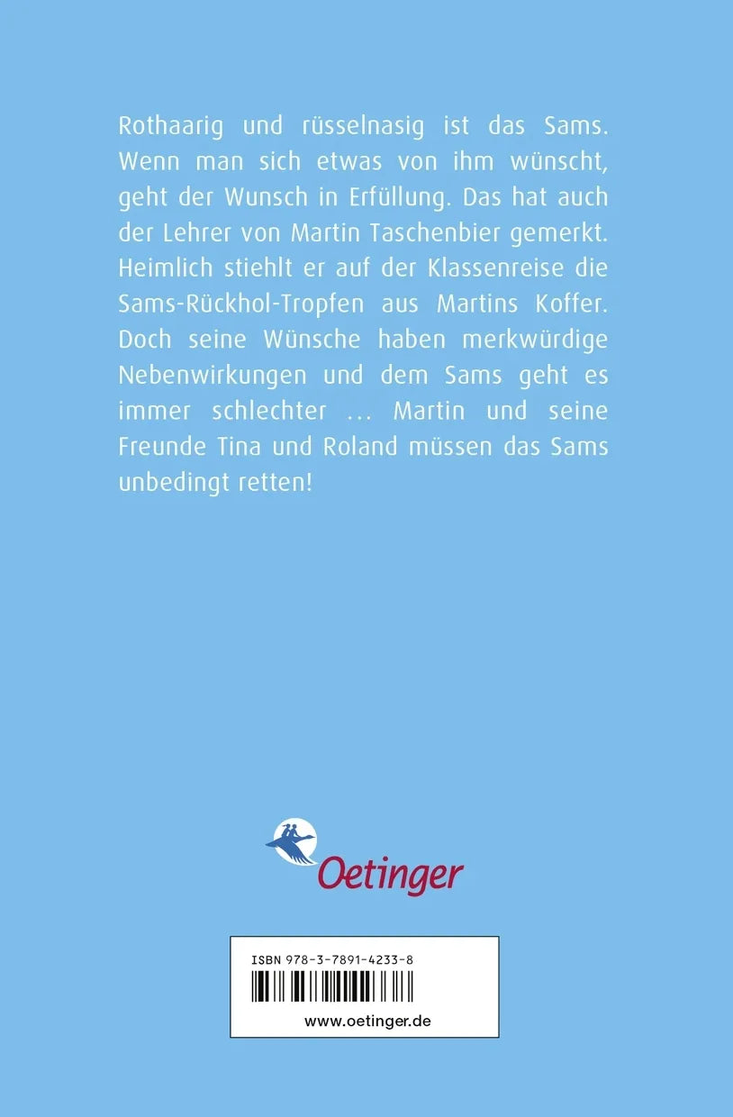 Buchrückseite von 'Das Sams 5. Sams in Gefahr' mit Klappentext - Gebundene Ausgabe