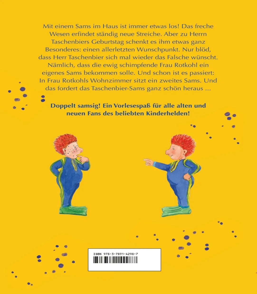 Buchrückseite von 'Das Sams 8. Ein Sams zu viel' mit Klappentext - Gebundene Ausgabe