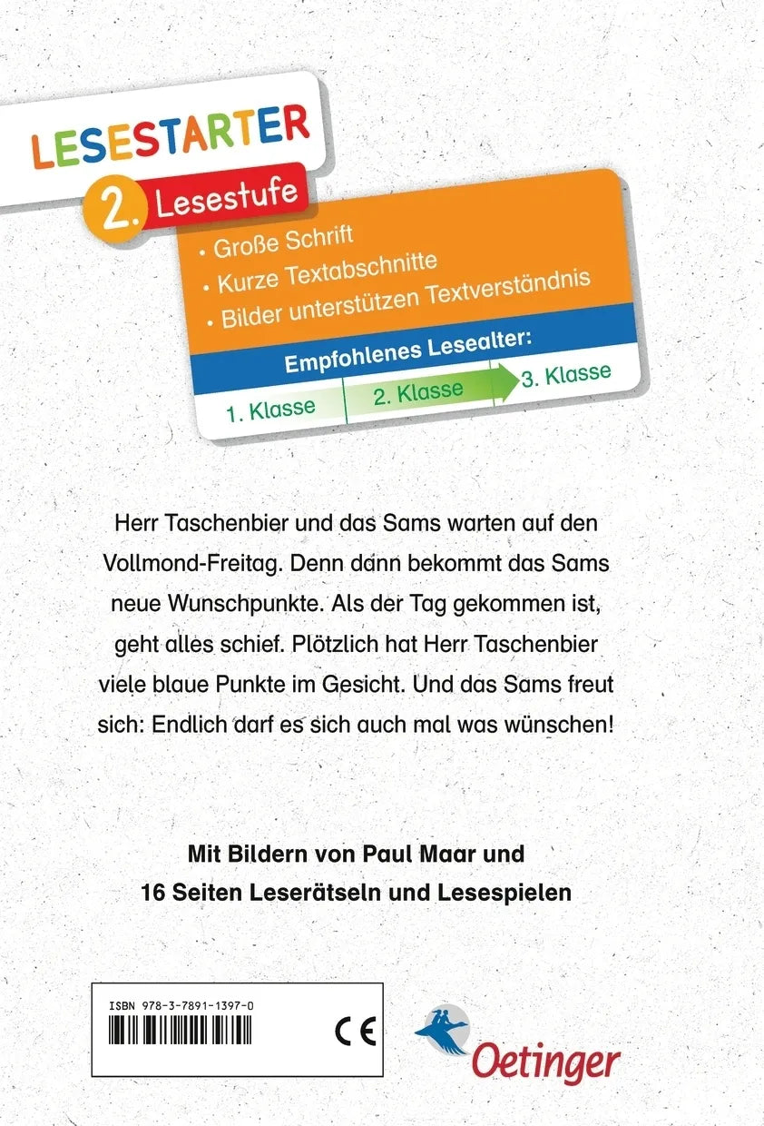 Buchrückseite von 'Das Sams darf sich was wünschen' mit Klappentext - Gebundene Ausgabe