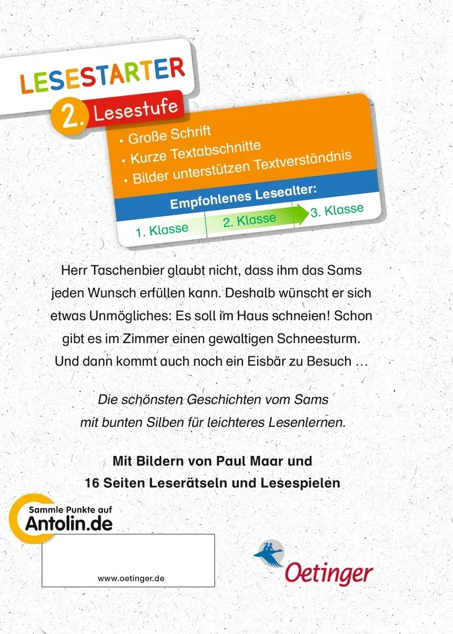 Buchrückseite von 'Das Sams und der blaue Wunschpunkt' mit Klappentext - Gebundene Ausgabe