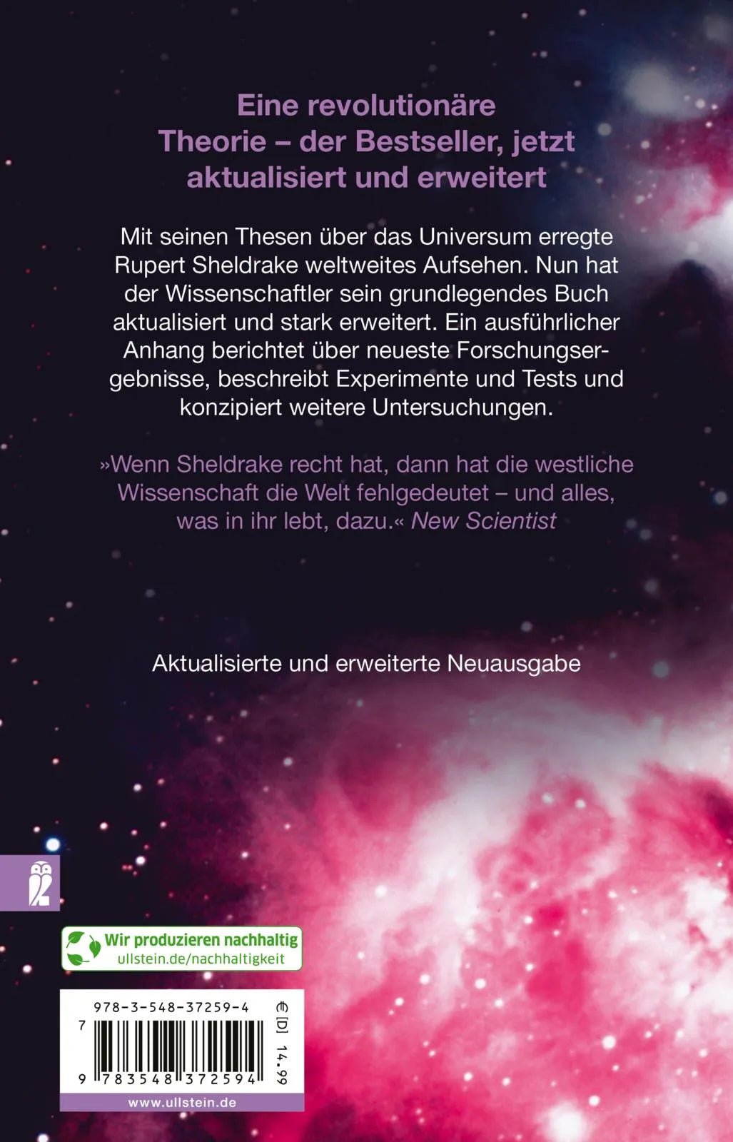 Buchrückseite von 'Das schöpferische Universum' mit Klappentext - Taschenbuch