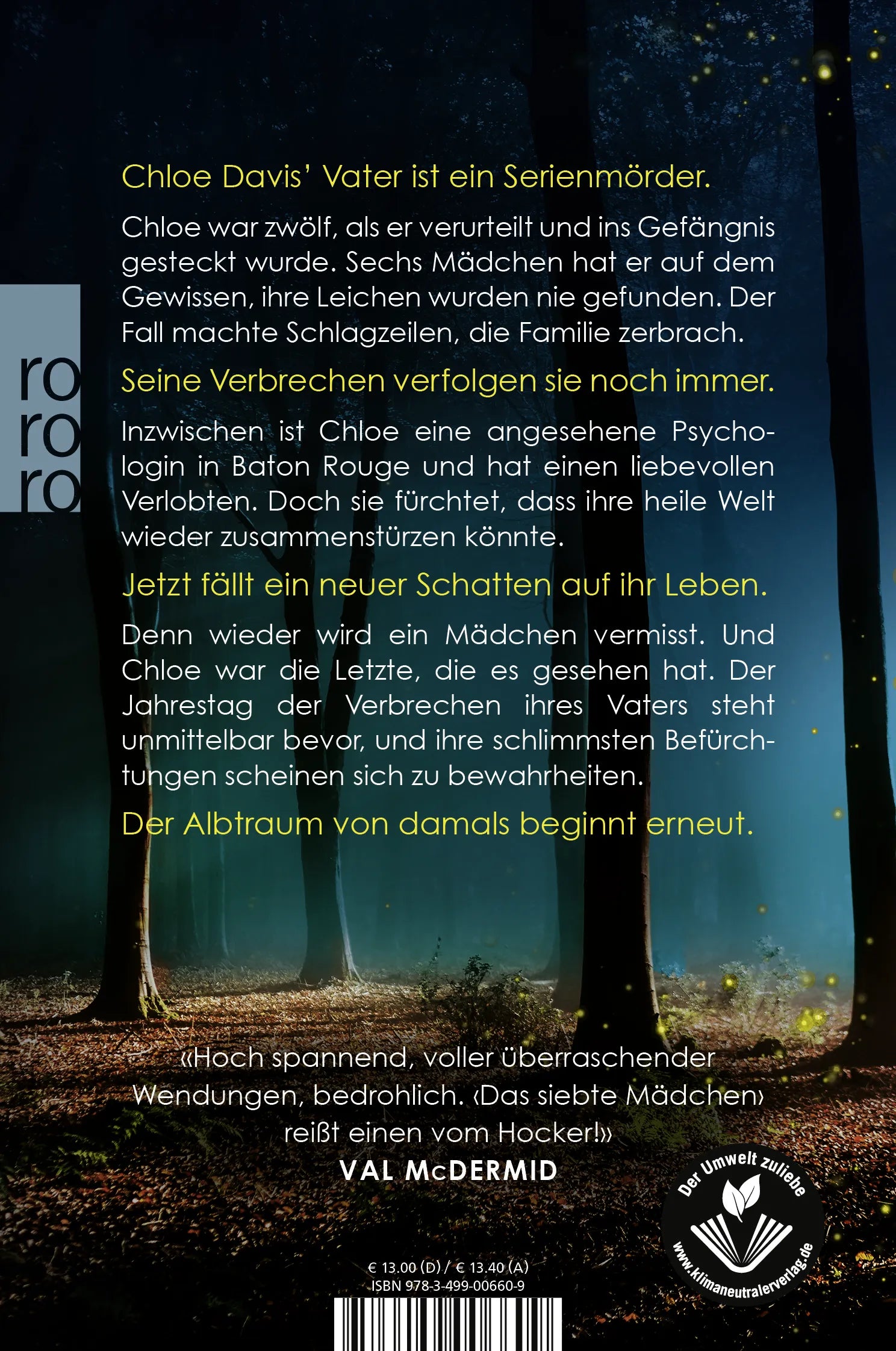 Buchrückseite von 'Das siebte Mädchen' mit Klappentext - Taschenbuch