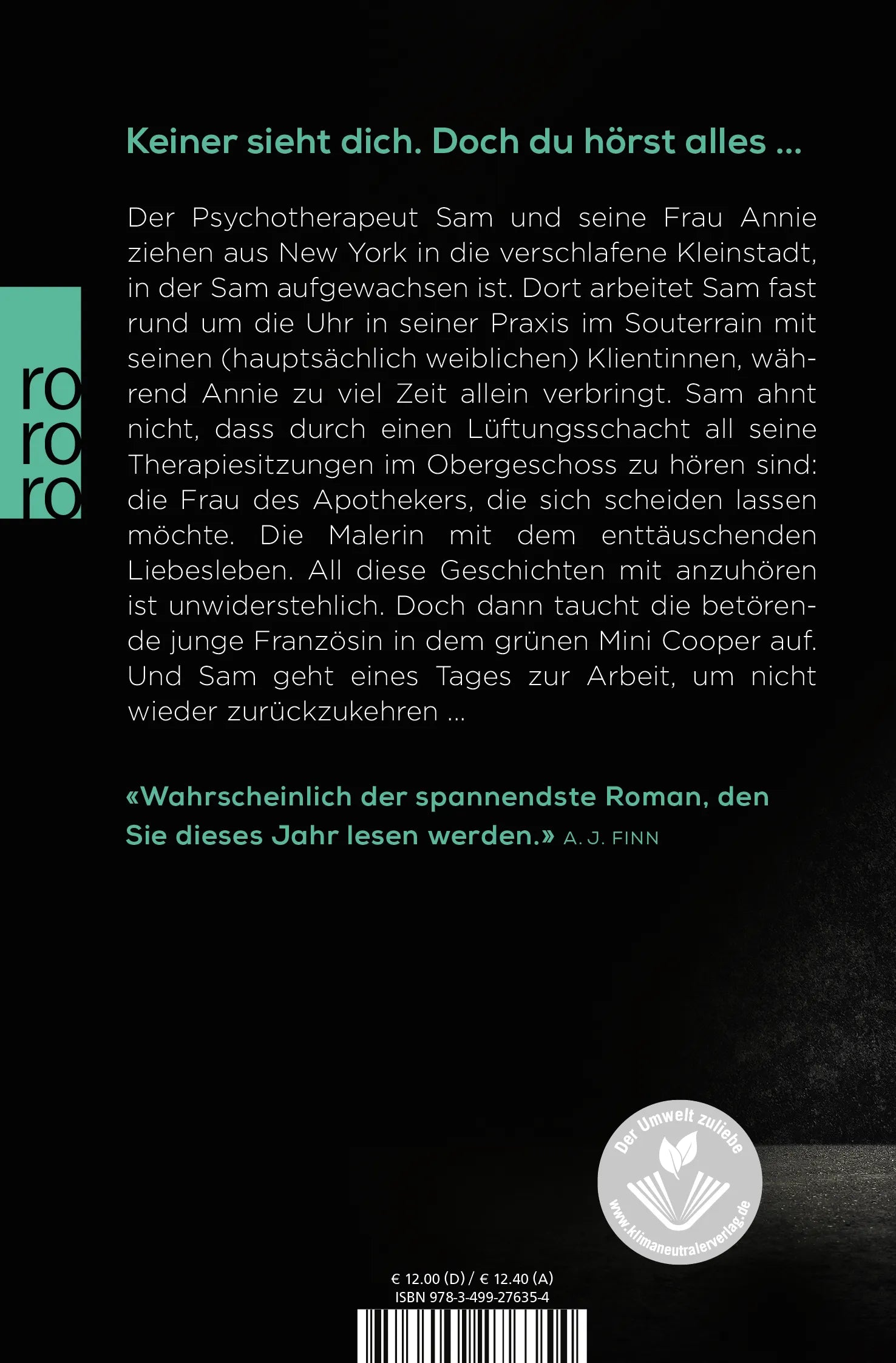 Buchrückseite von 'Das Therapiezimmer' mit Klappentext - Taschenbuch