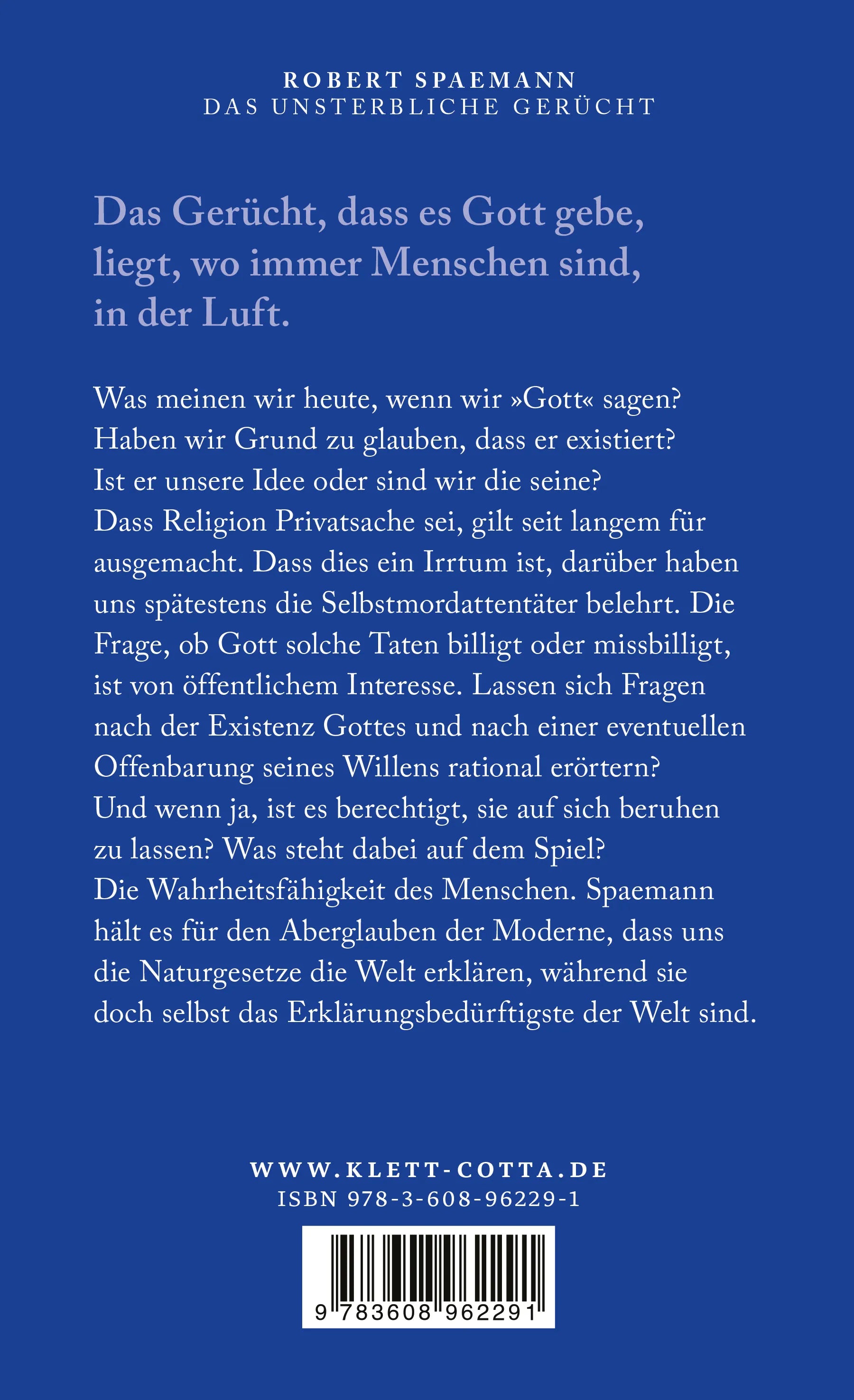Buchrückseite von 'Das unsterbliche Gerücht' mit Klappentext - Paperback