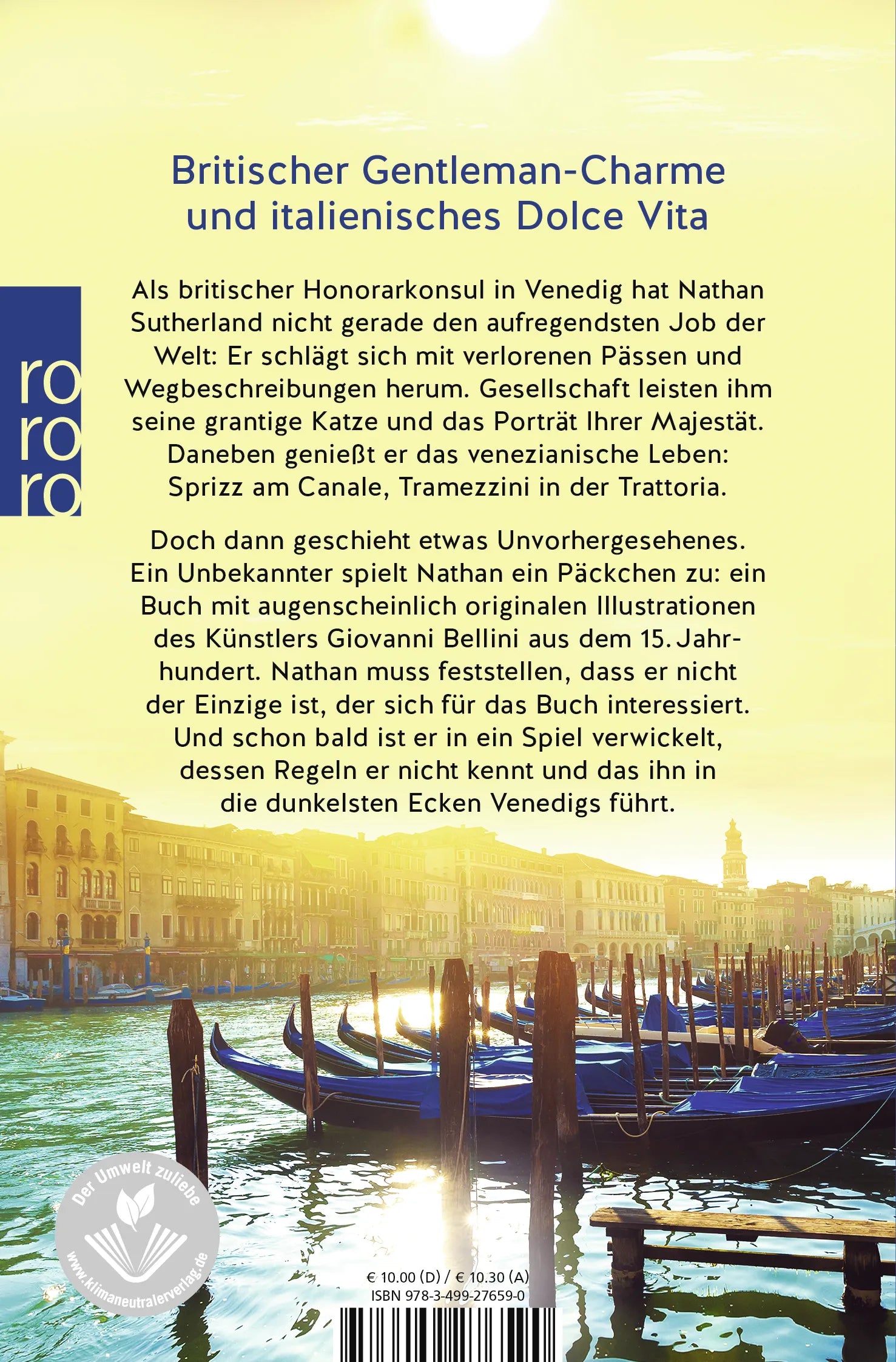 Buchrückseite von 'Das venezianische Spiel' mit Klappentext - Taschenbuch