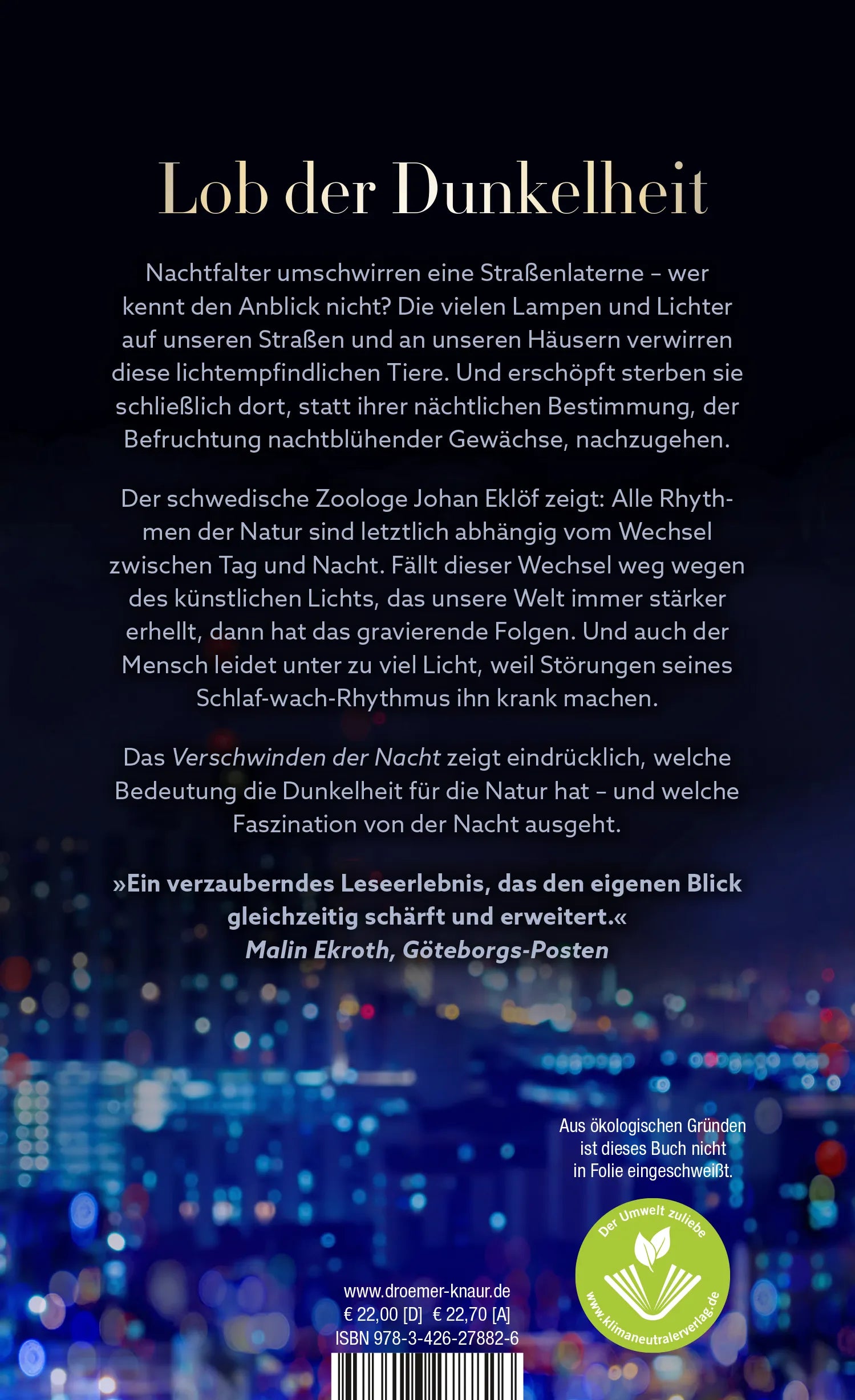 Buchrückseite von 'Das Verschwinden der Nacht' mit Klappentext - Gebundene Ausgabe