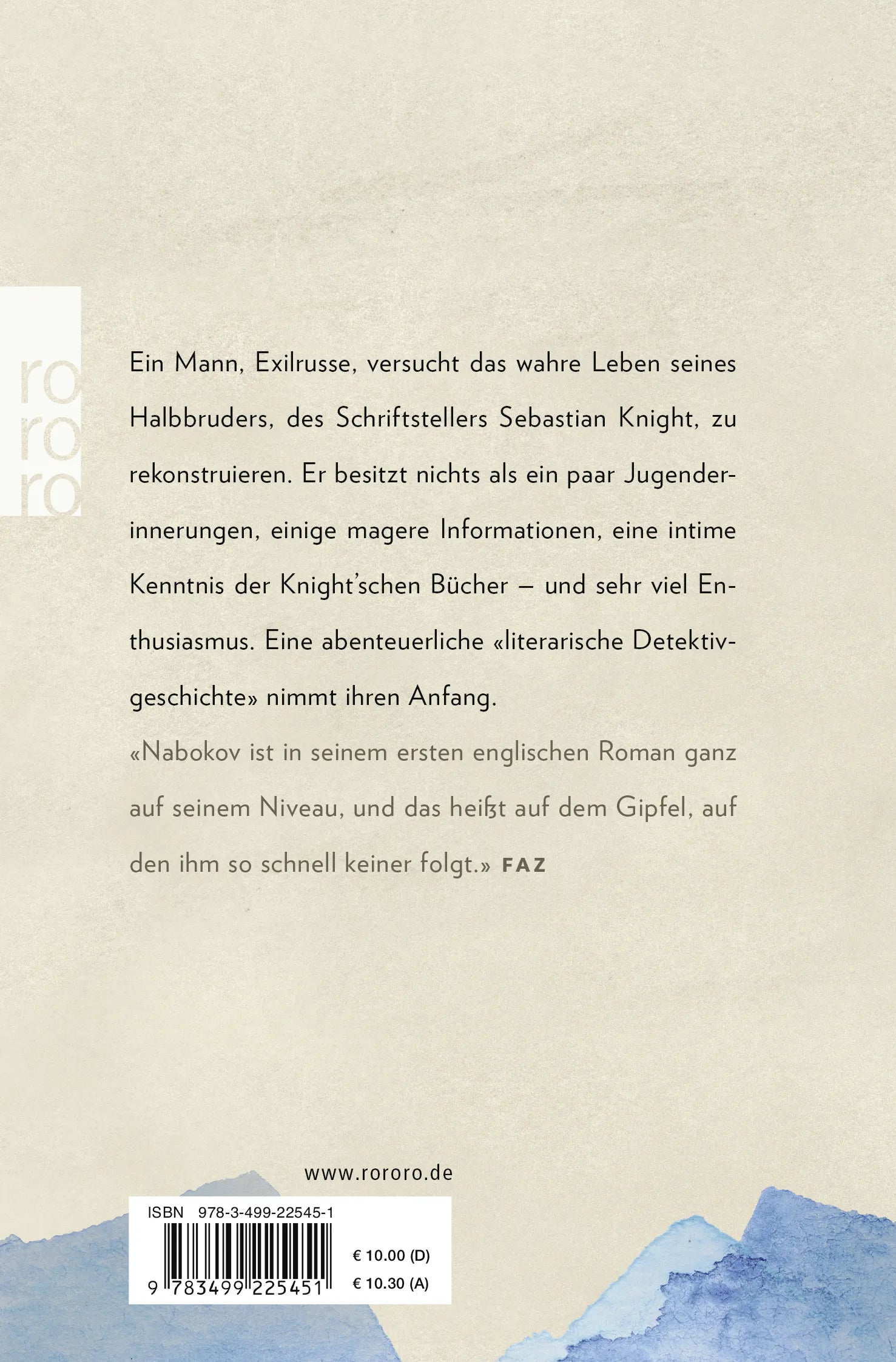 Buchrückseite von 'Das wahre Leben des Sebastian Knight' mit Klappentext - Taschenbuch