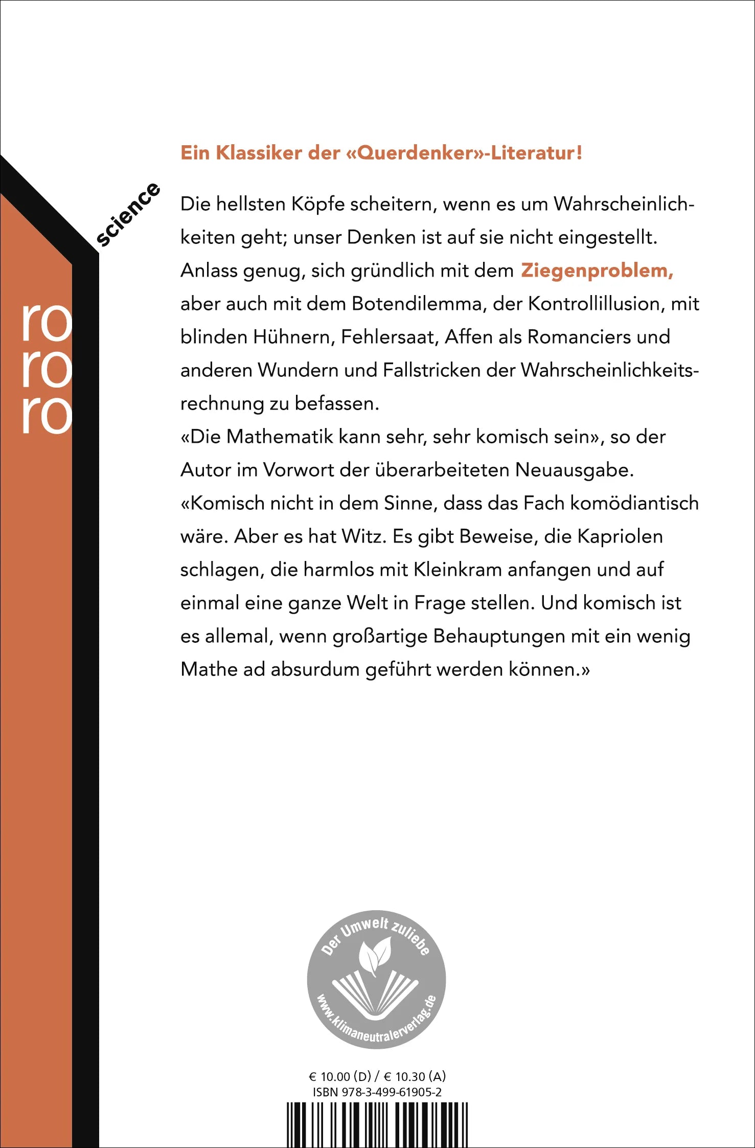 Buchrückseite von 'Das Ziegenproblem' mit Klappentext - Taschenbuch