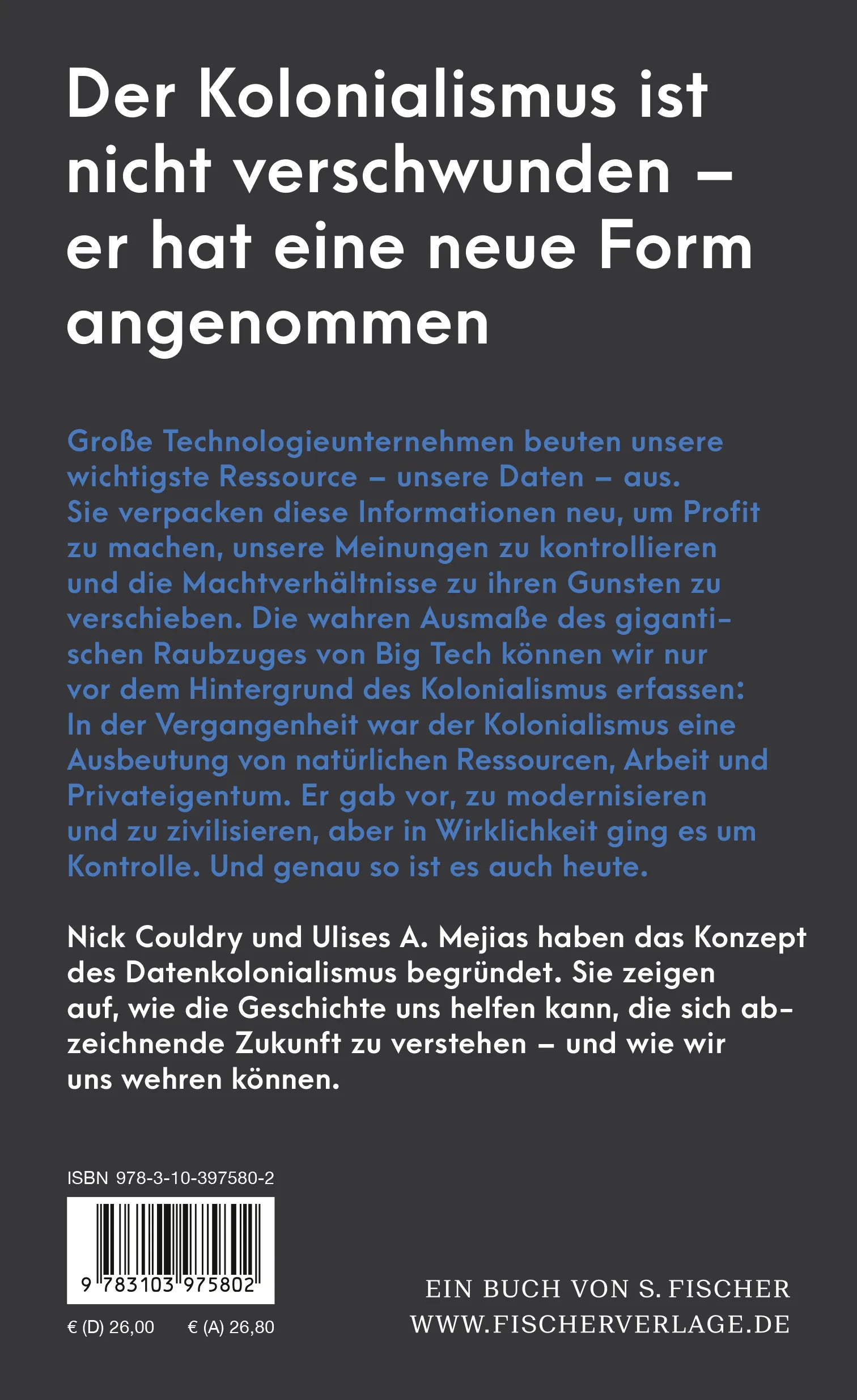 Buchrückseite von 'Datenraub – Der neue Kolonialismus von Big Tech und wie wir uns dagegen wehren können' mit Klappentext - Gebundene Ausgabe