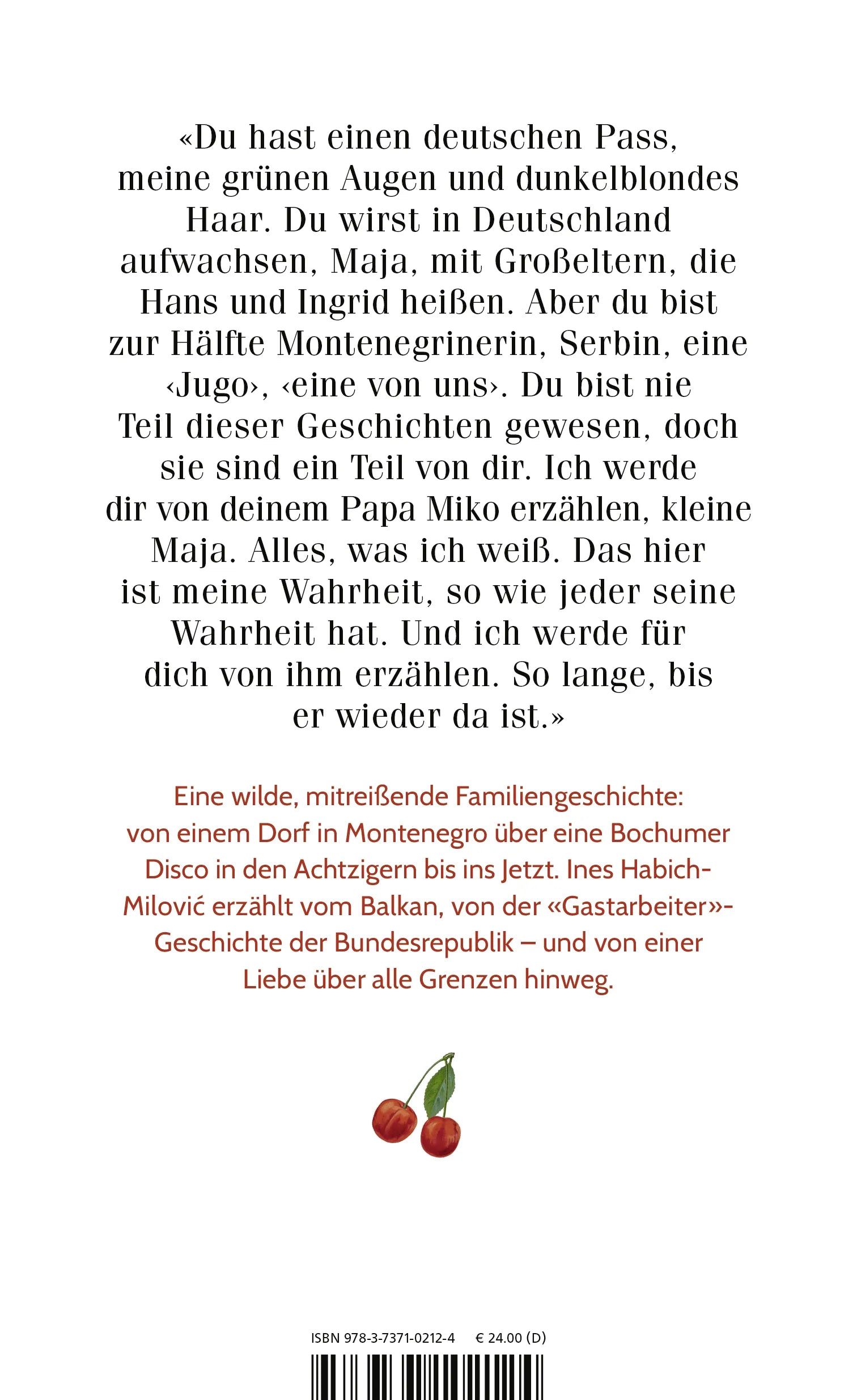 Buchrückseite von 'Dein Vater hat die Taschen voller Kirschen' mit Klappentext - Gebundene Ausgabe