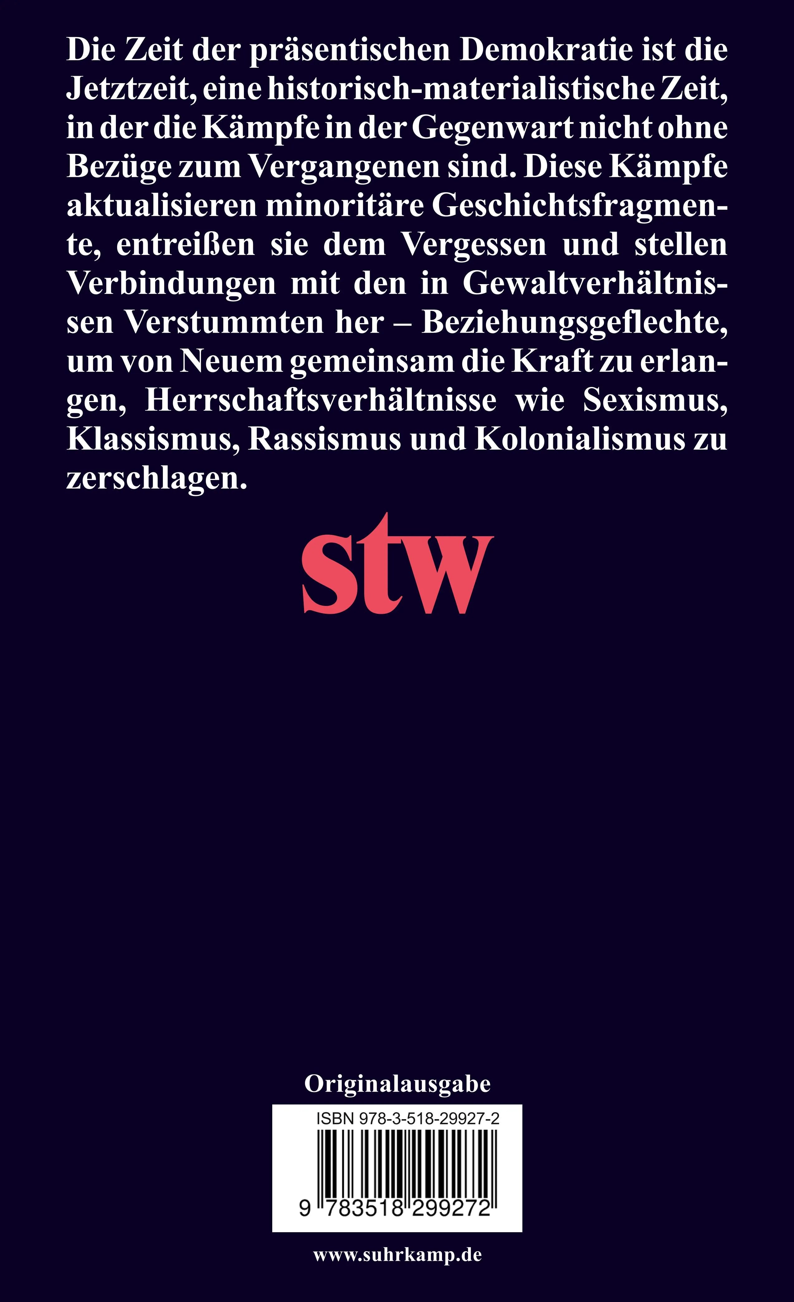 Buchrückseite von 'Demokratie im Präsens' mit Klappentext - Taschenbuch