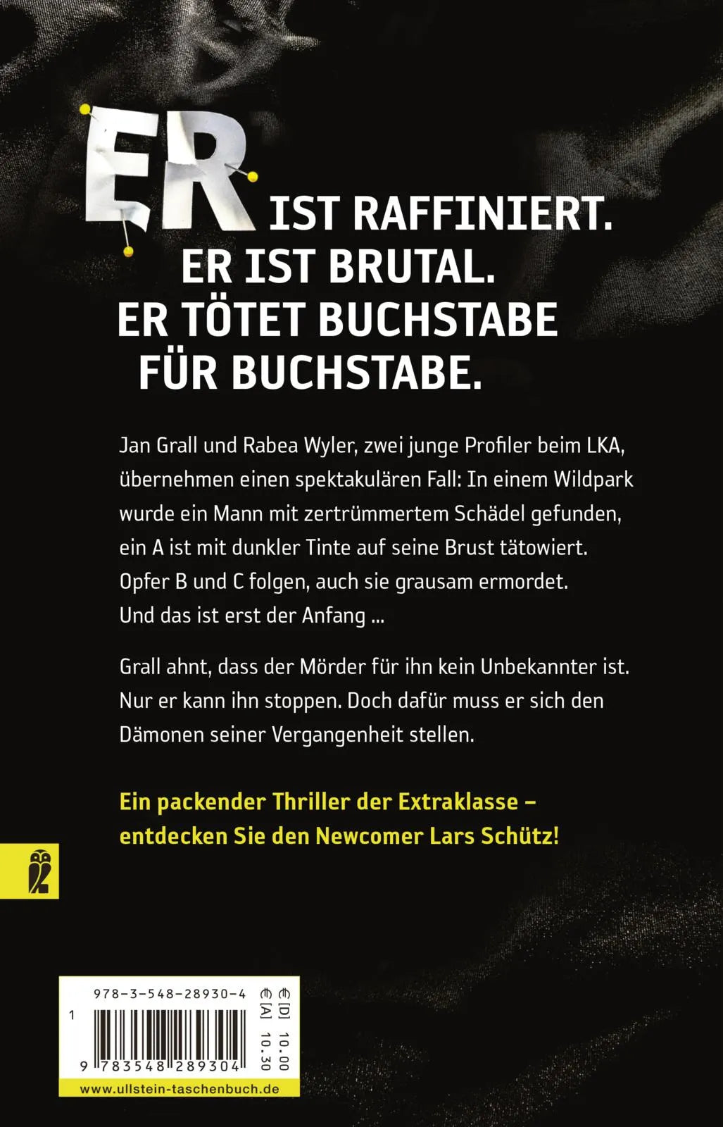 Buchrückseite von 'Der Alphabetmörder' mit Klappentext - Taschenbuch