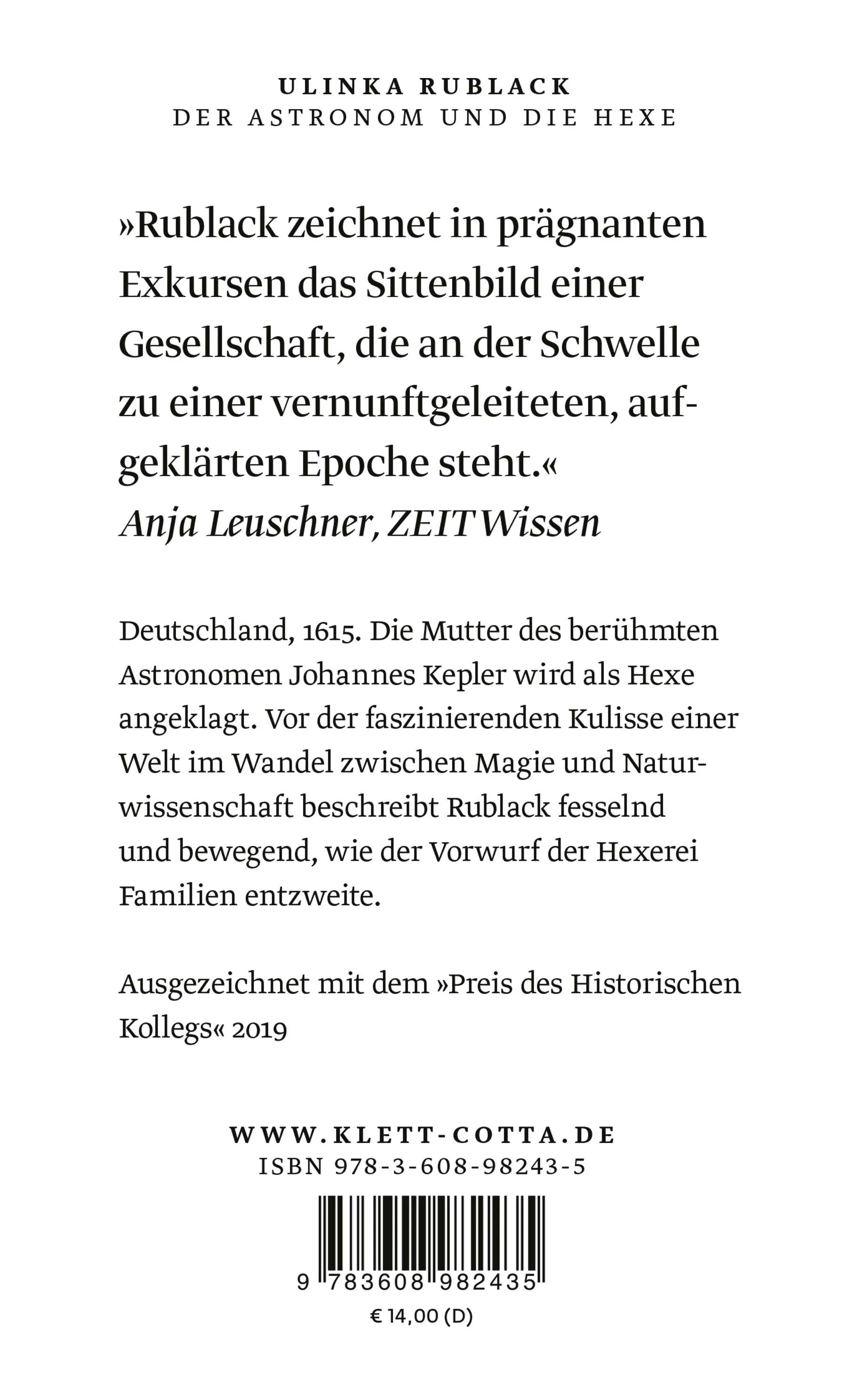 Buchrückseite von 'Der Astronom und die Hexe' mit Klappentext - Taschenbuch